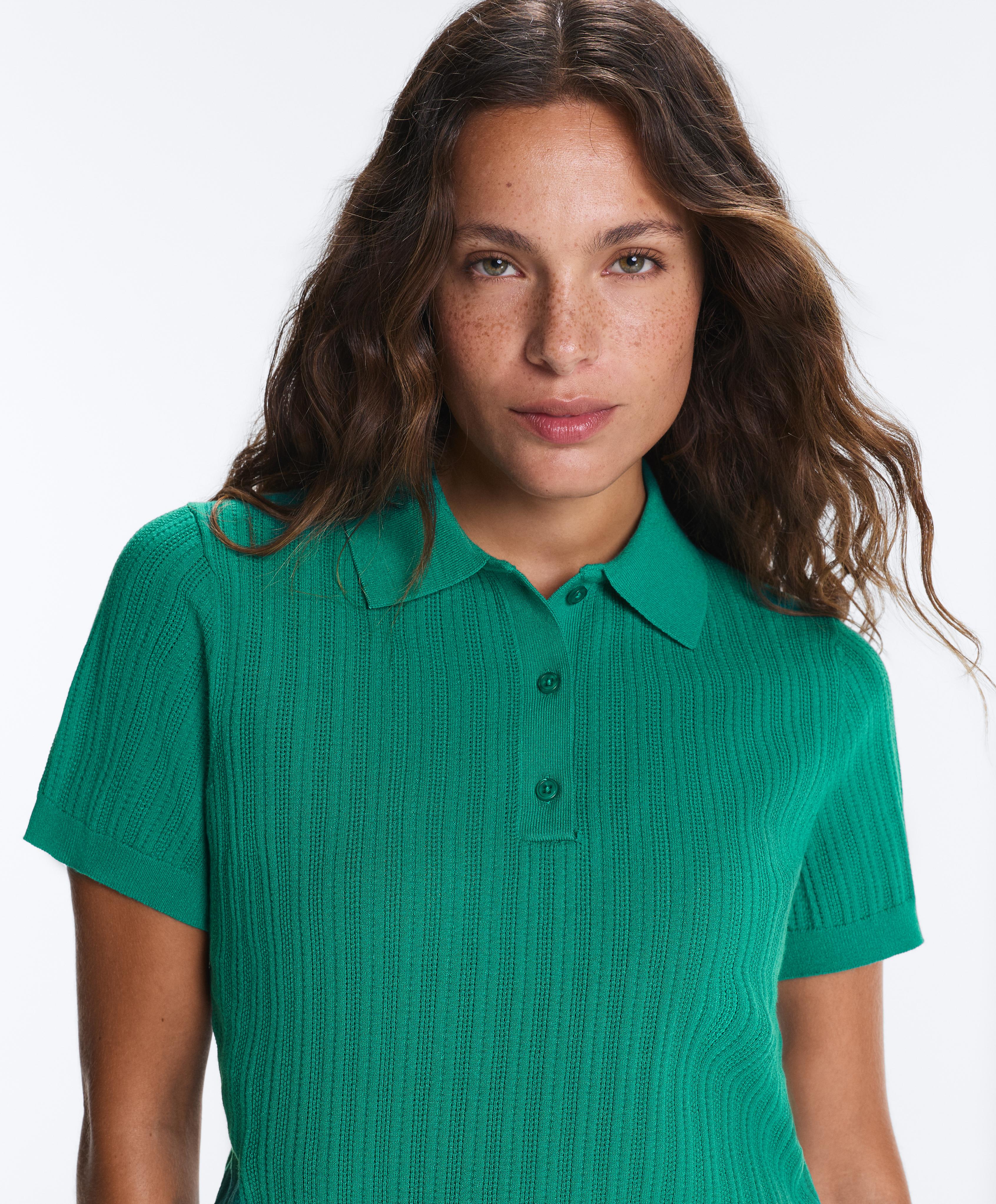 Short sleeve open knit polo shirt — EMERALD GREEN