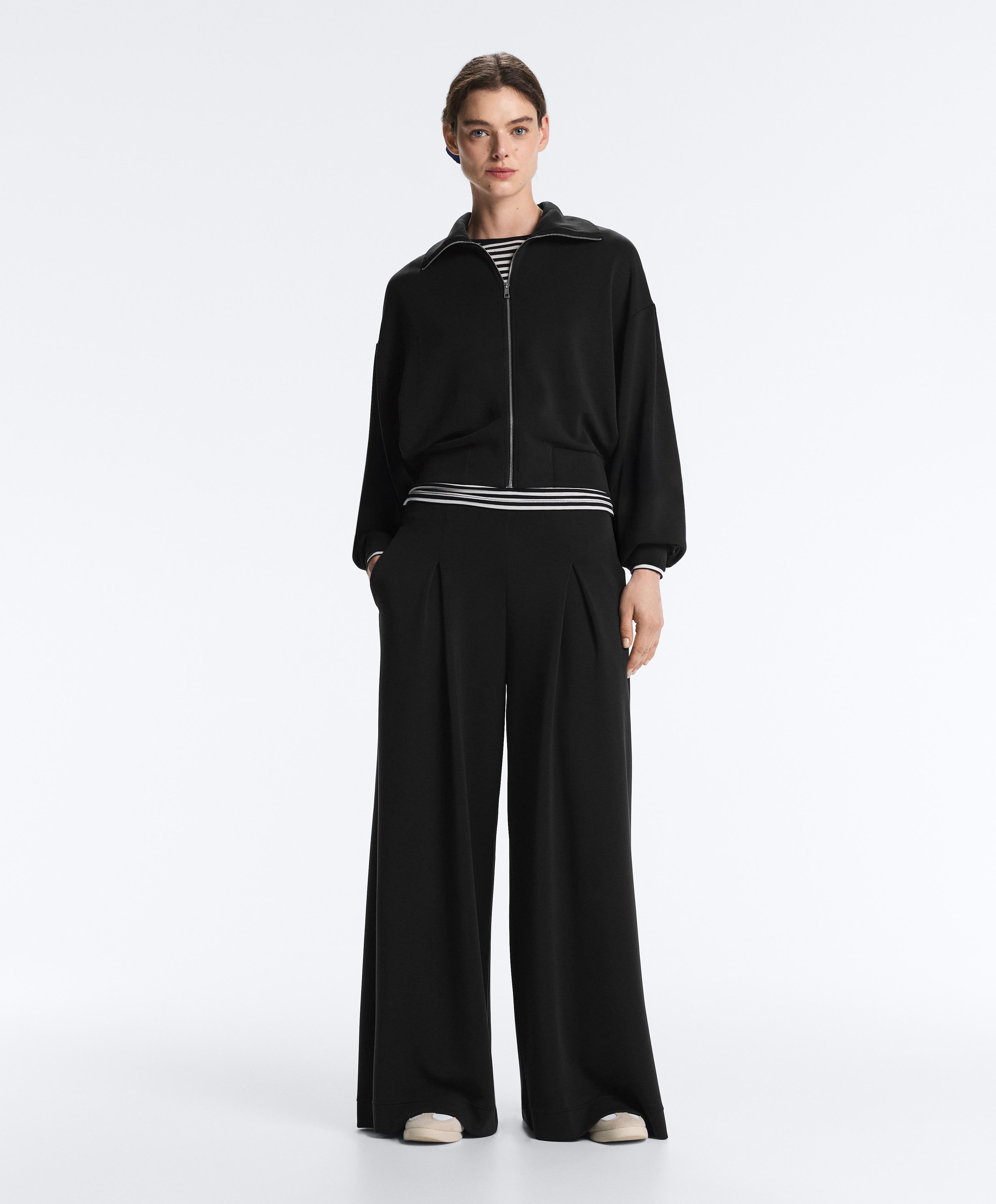 Long wide-leg trousers with soft touch modal and pleats — BLACK