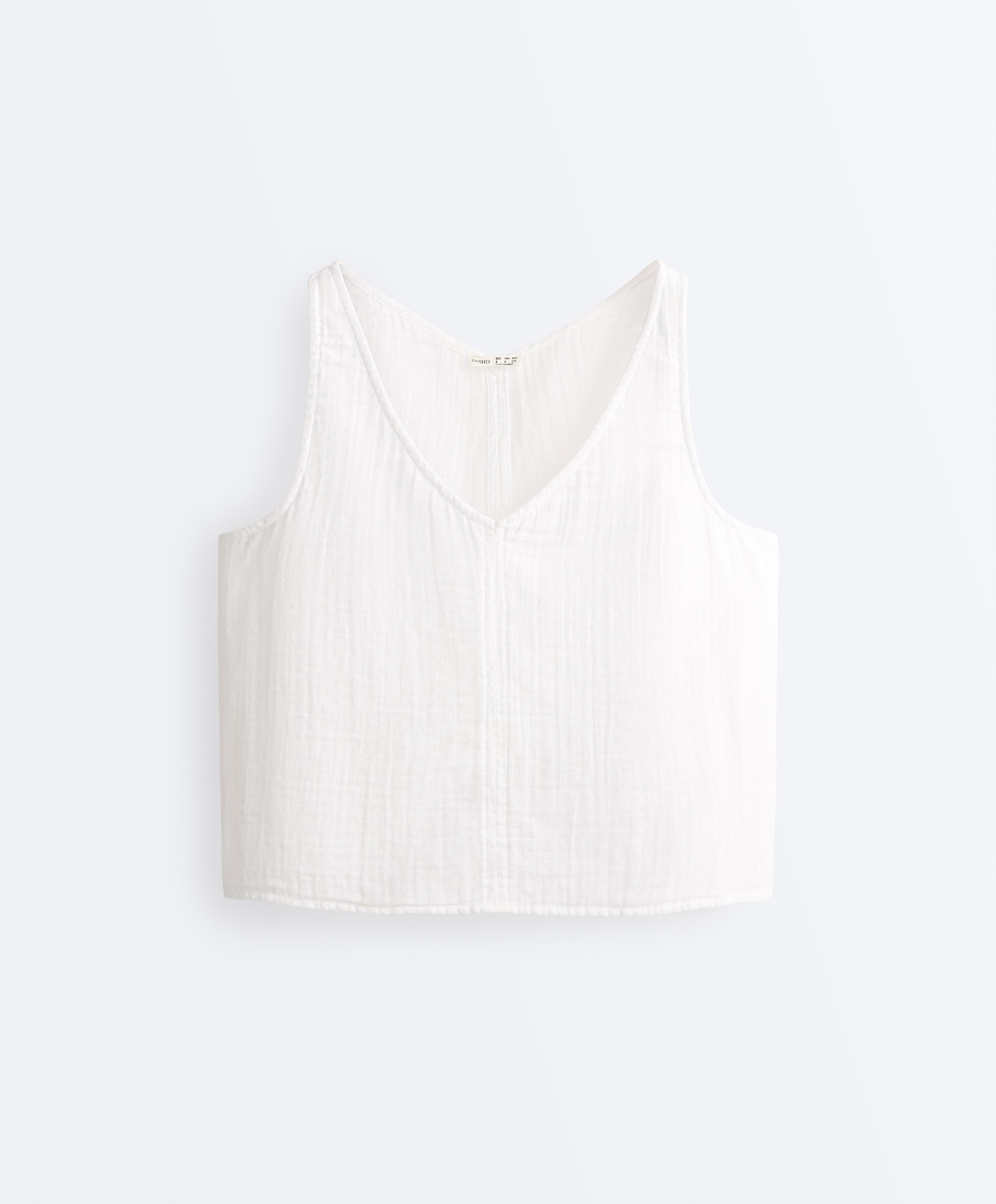 100% cotton gauze V-neck strappy top — WHITE