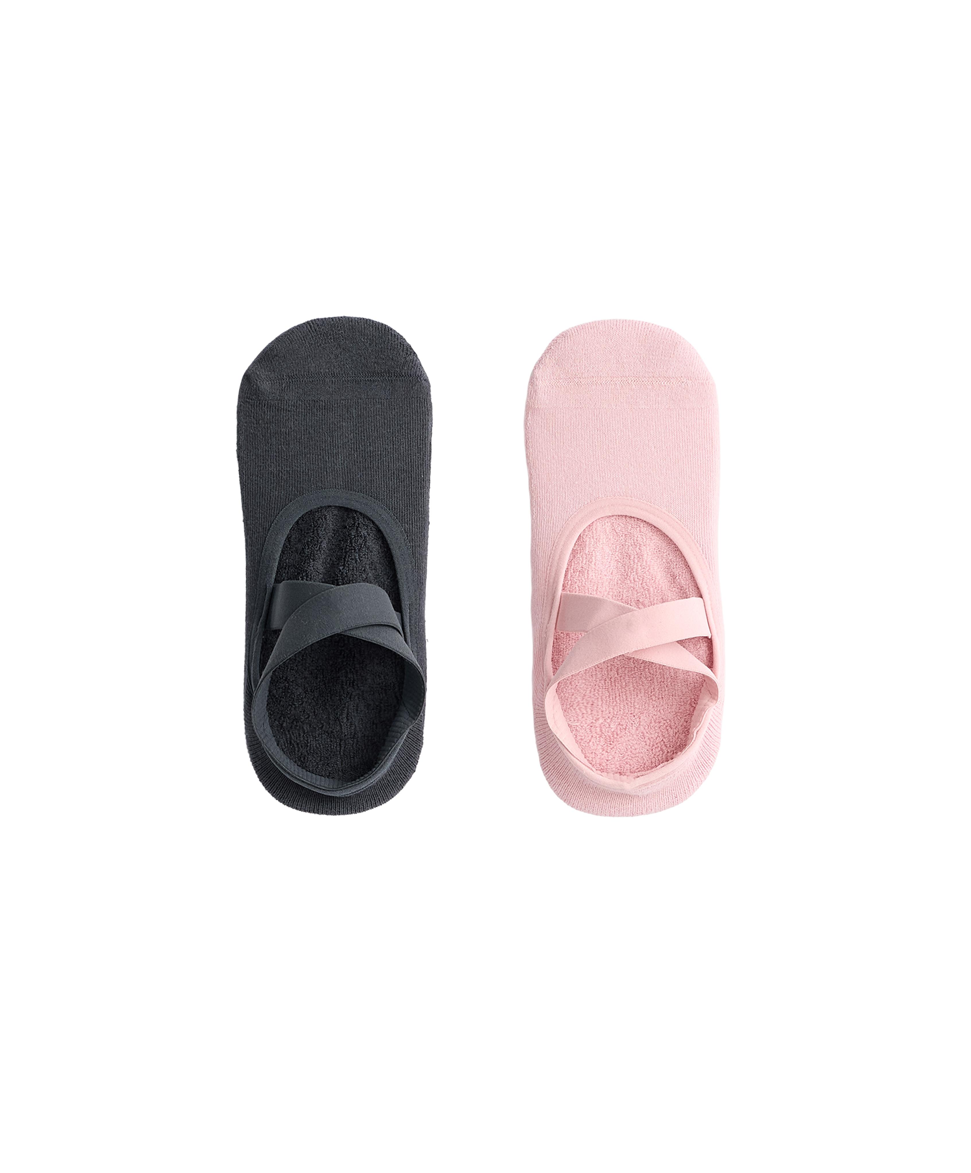 2 pairs of padded cotton blend yoga and Pilates socks with crossover straps — PALE PINK