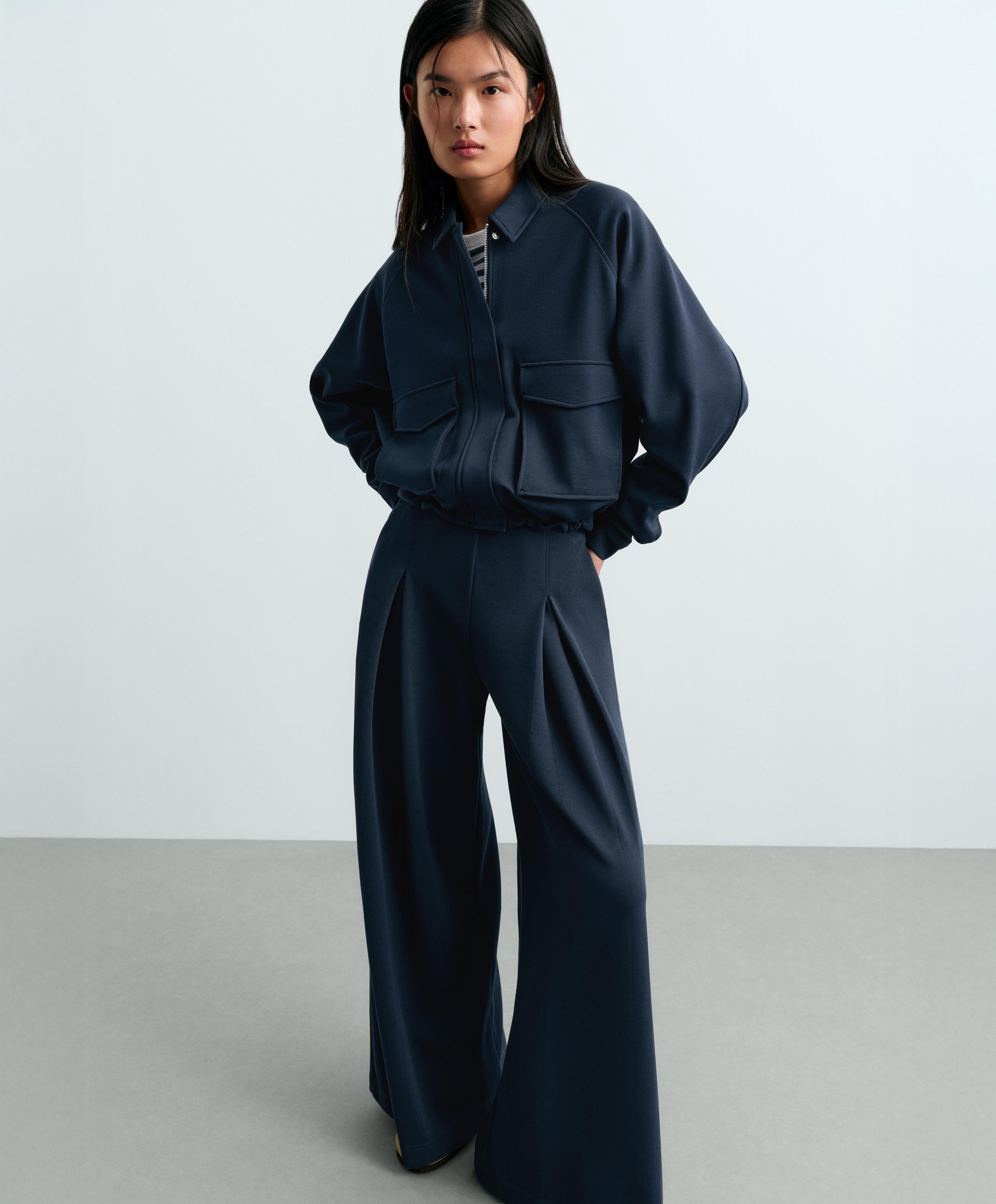 Wide-leg pique trousers with cotton — NAVY BLUE