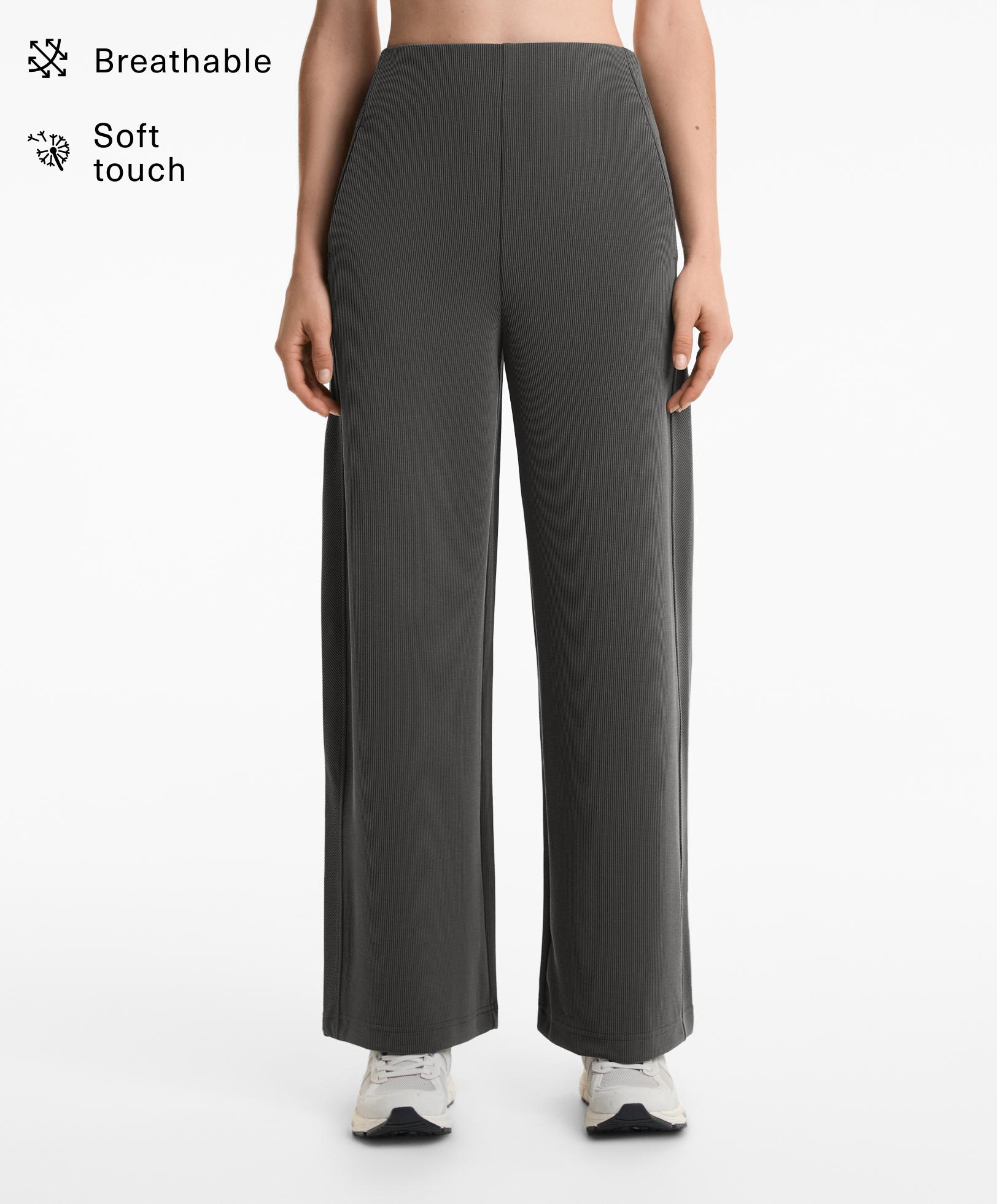 Pantalon large taille haute rib 29 % modal