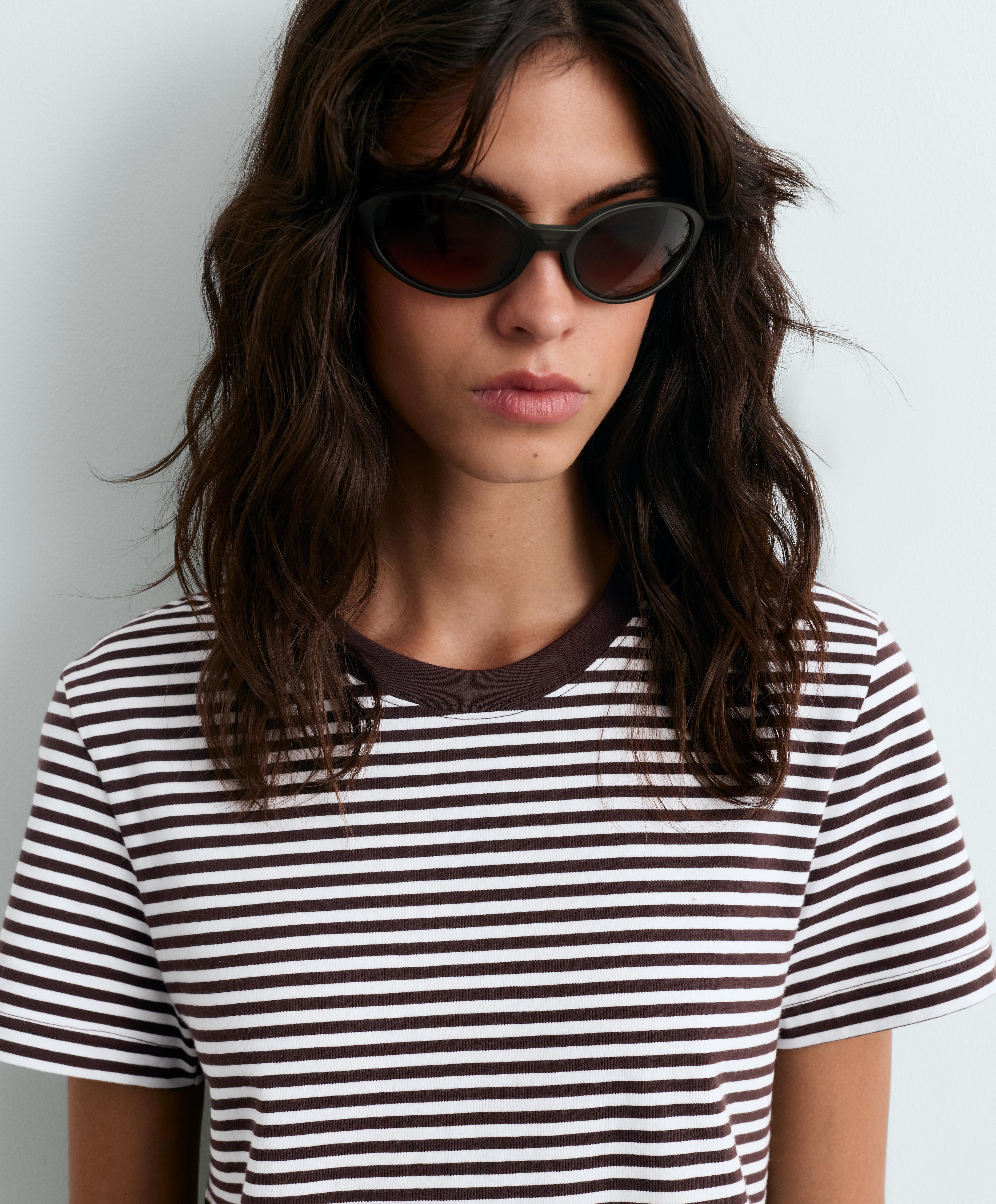 Regular fit striped cotton-blend short-sleeved T-shirt — DARK BROWN
