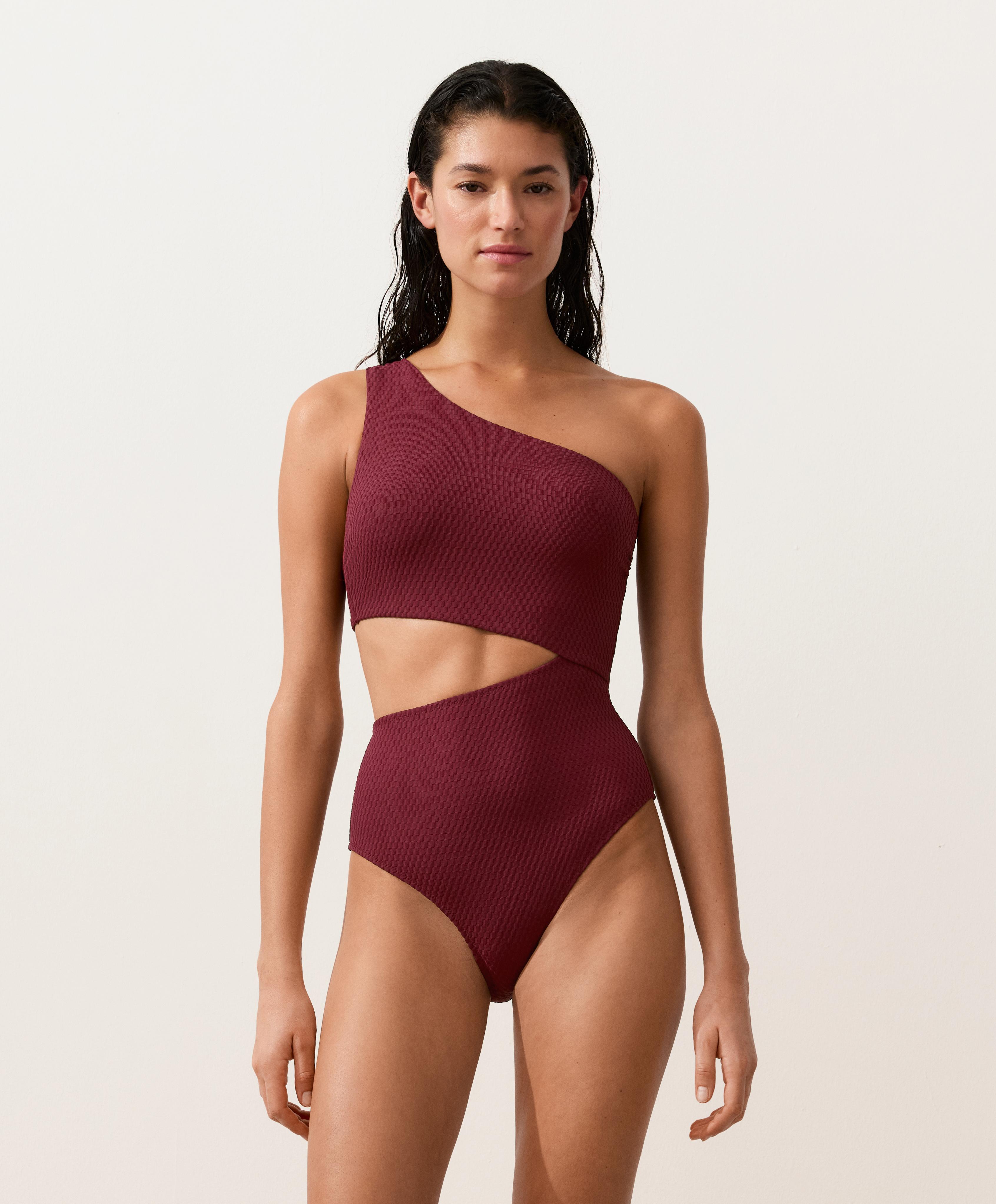 Mini check jacquard asymmetric trikini — CHERRY