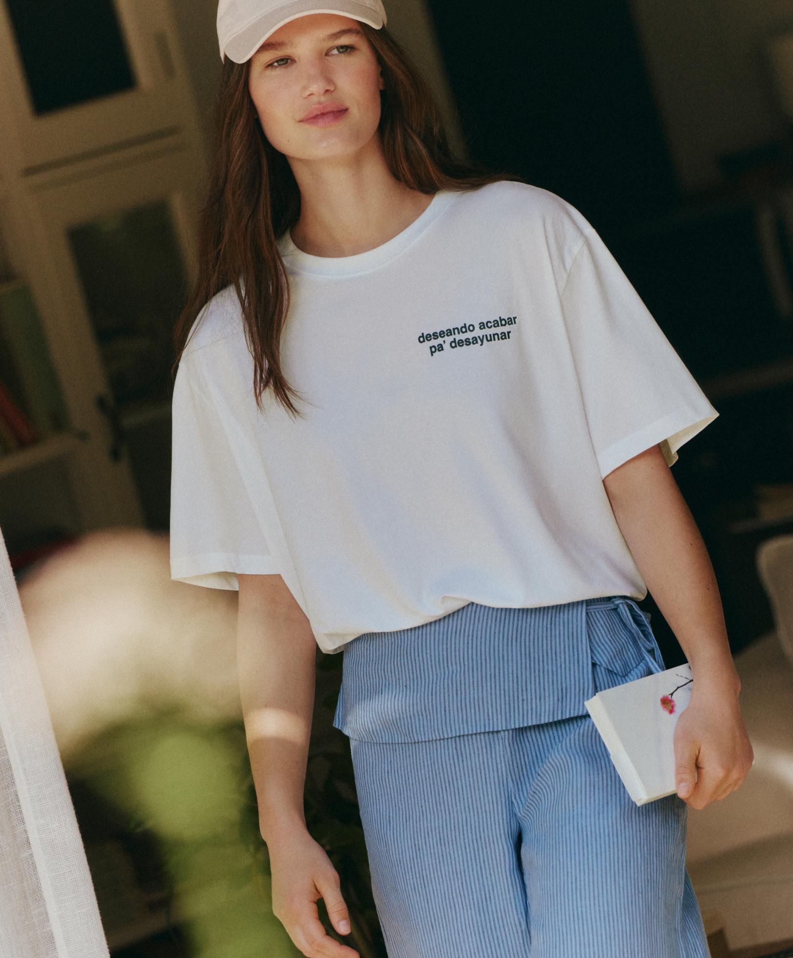Boxy cotton blend T-shirt with slogan — WHITE 