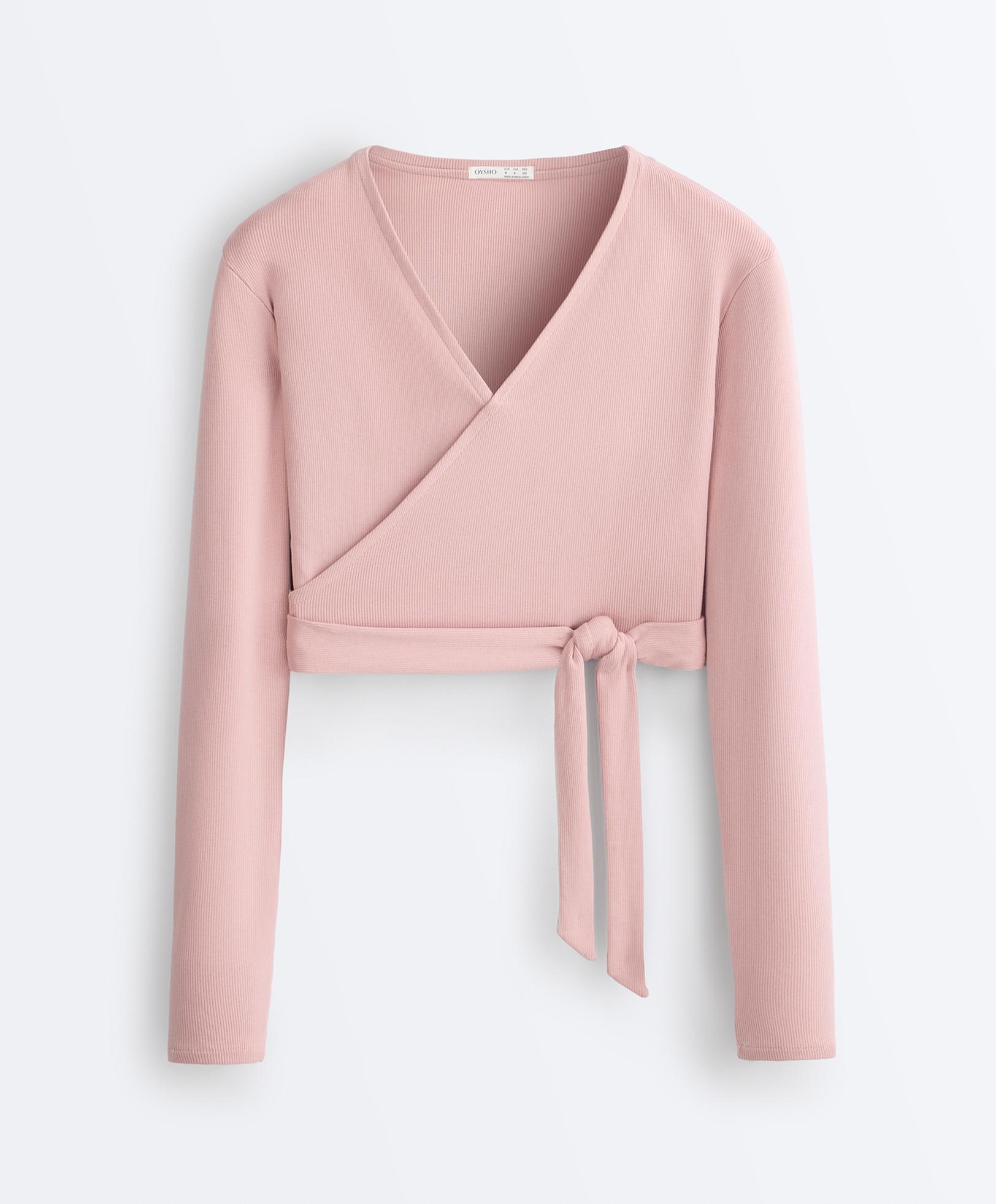 Rib cotton blend wrap T-shirt — NUDE PINK