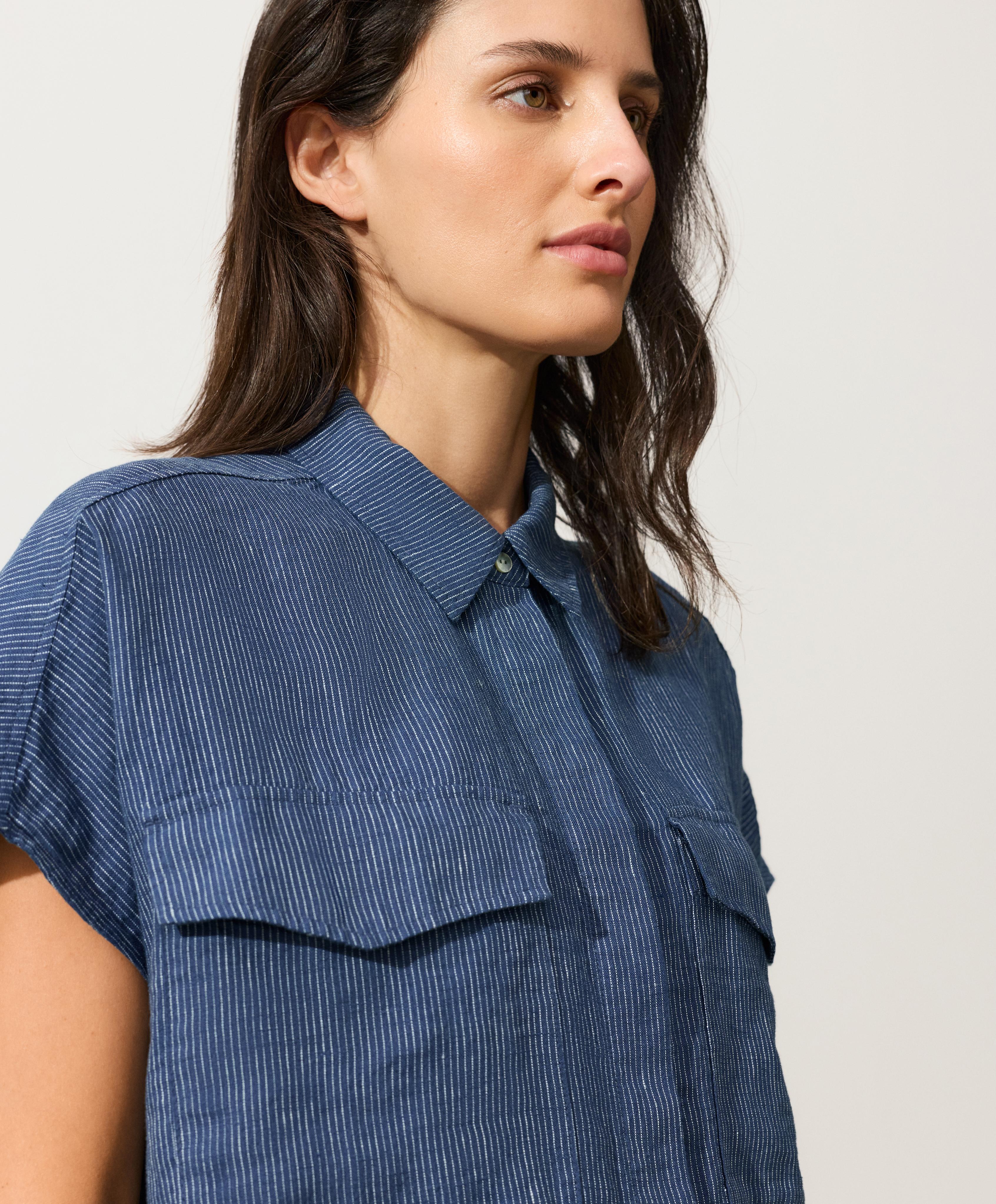100% linen striped shirt with pockets — BLUE MELANGE