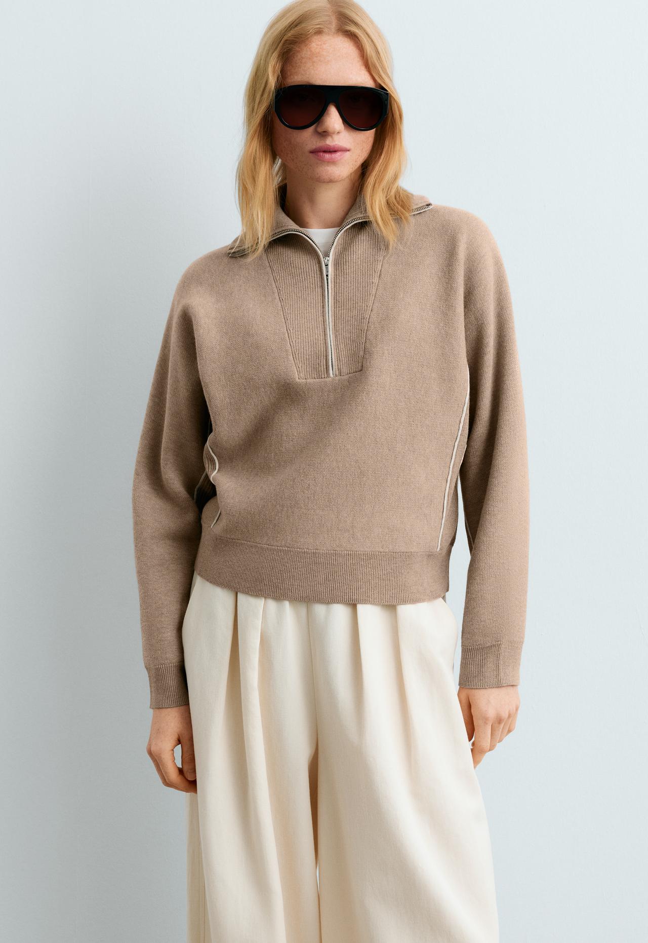 Half-zip knit jumper with piping — LIGHT MINK