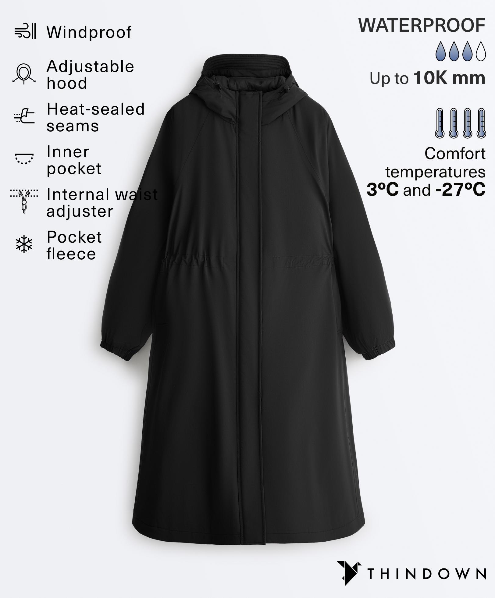 10k Thindown® waterproof extra-light long padded jacket — BLACK