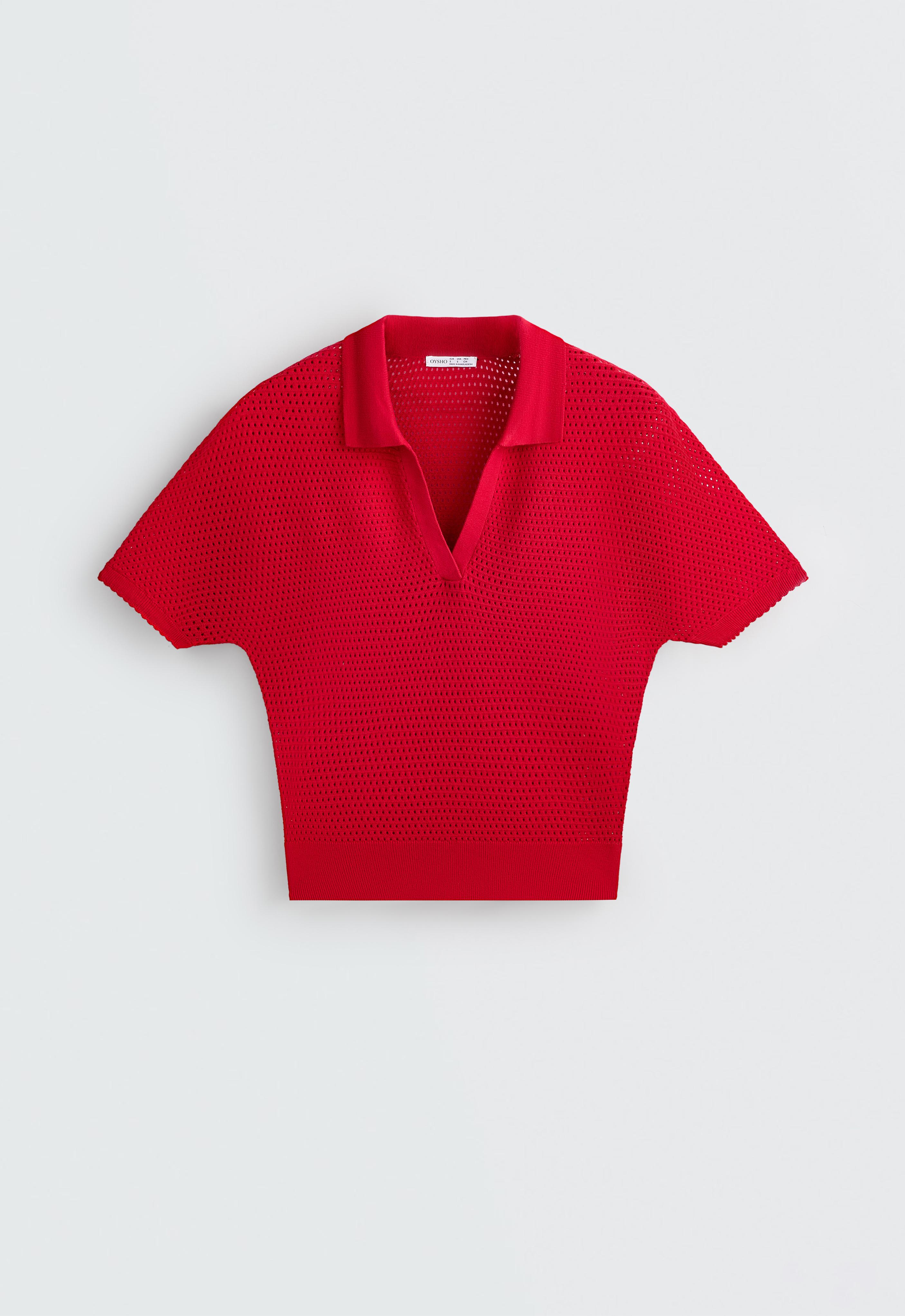 Front view of a bright red open-knit polo shirt with short sleeves, a notched V-neck collar, and a ribbed hem. — photo 1 of 1
