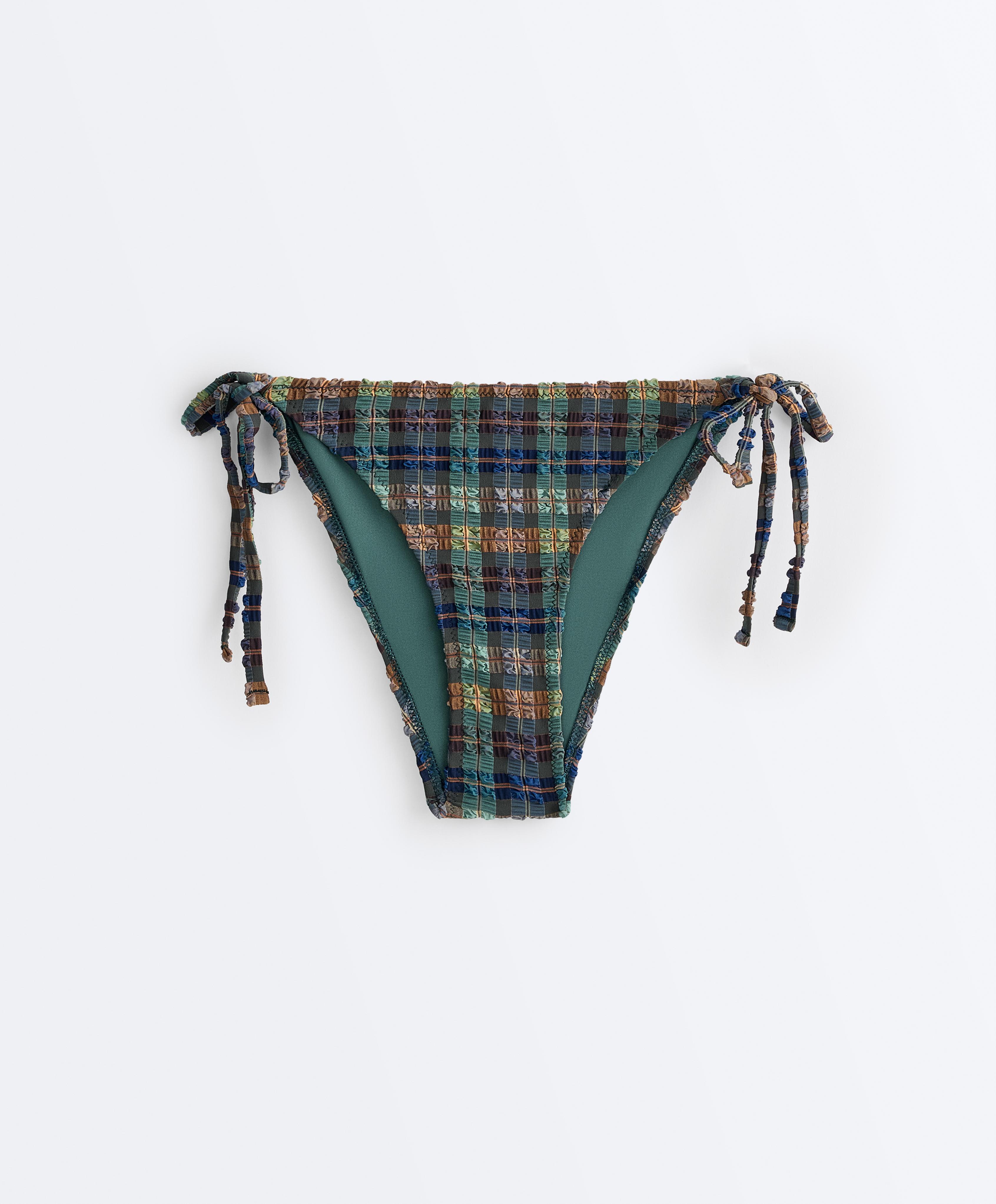 Textured check medium-coverage bikini briefs with ties — KHAKI