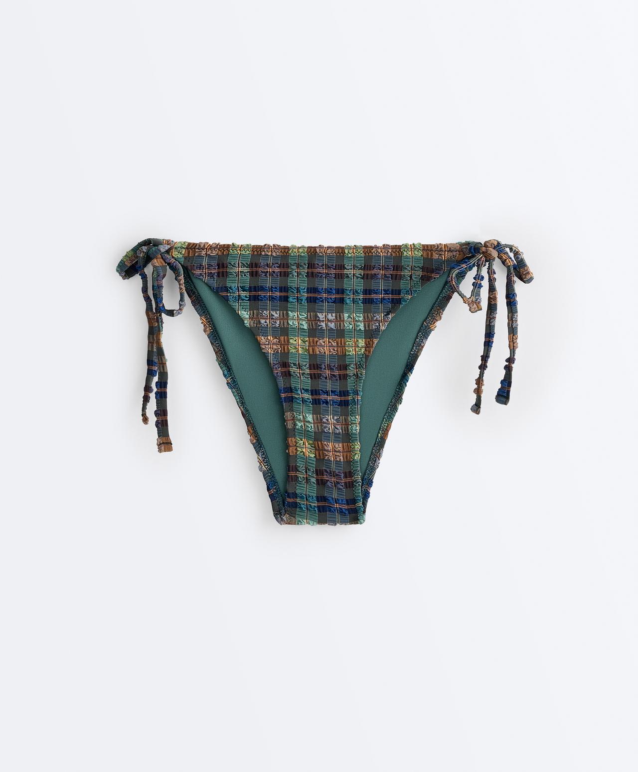 Textured check medium-coverage bikini briefs with ties — KHAKI