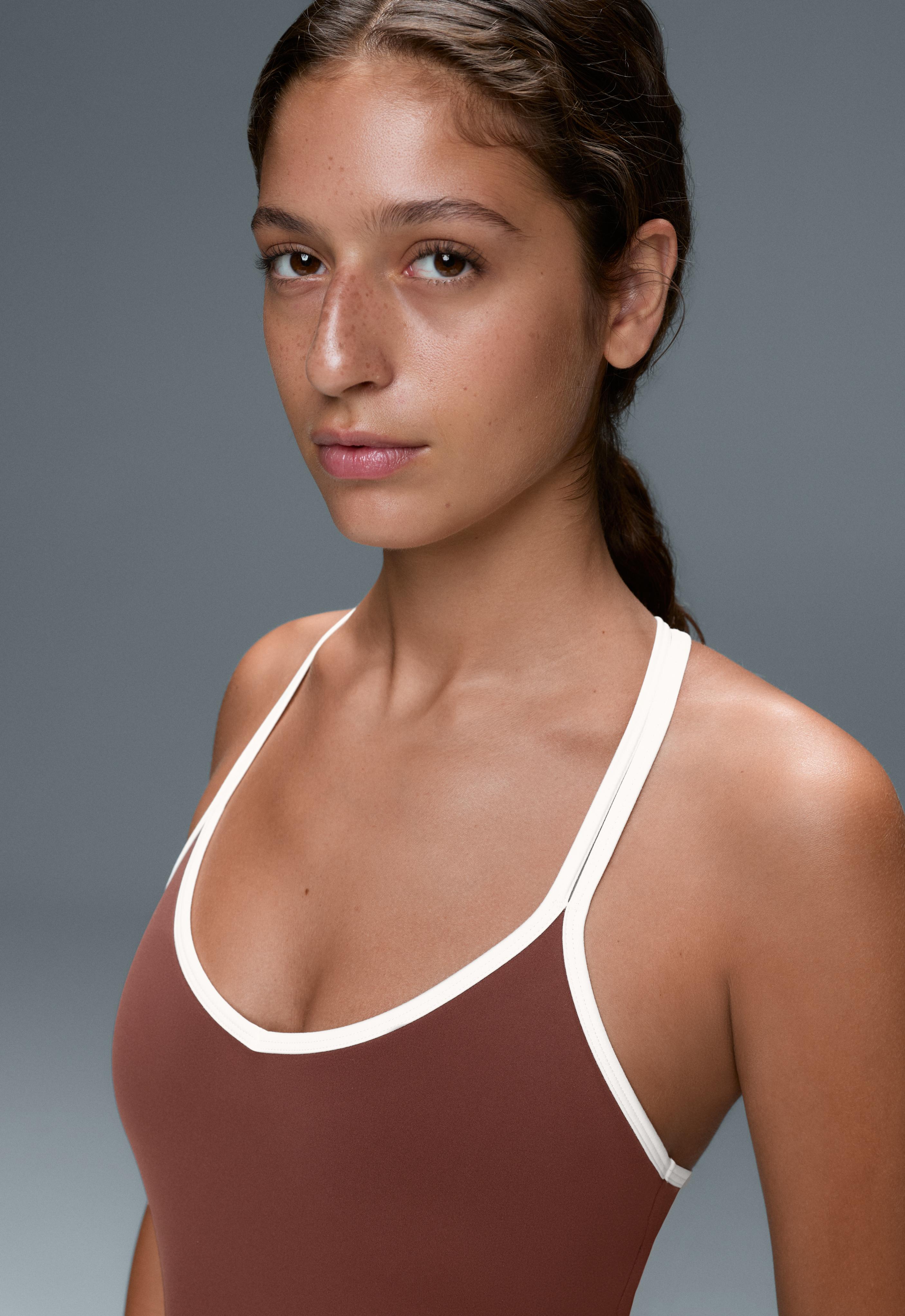 Comfortlux short jumpsuit with contrast double straps — TERRACOTTA