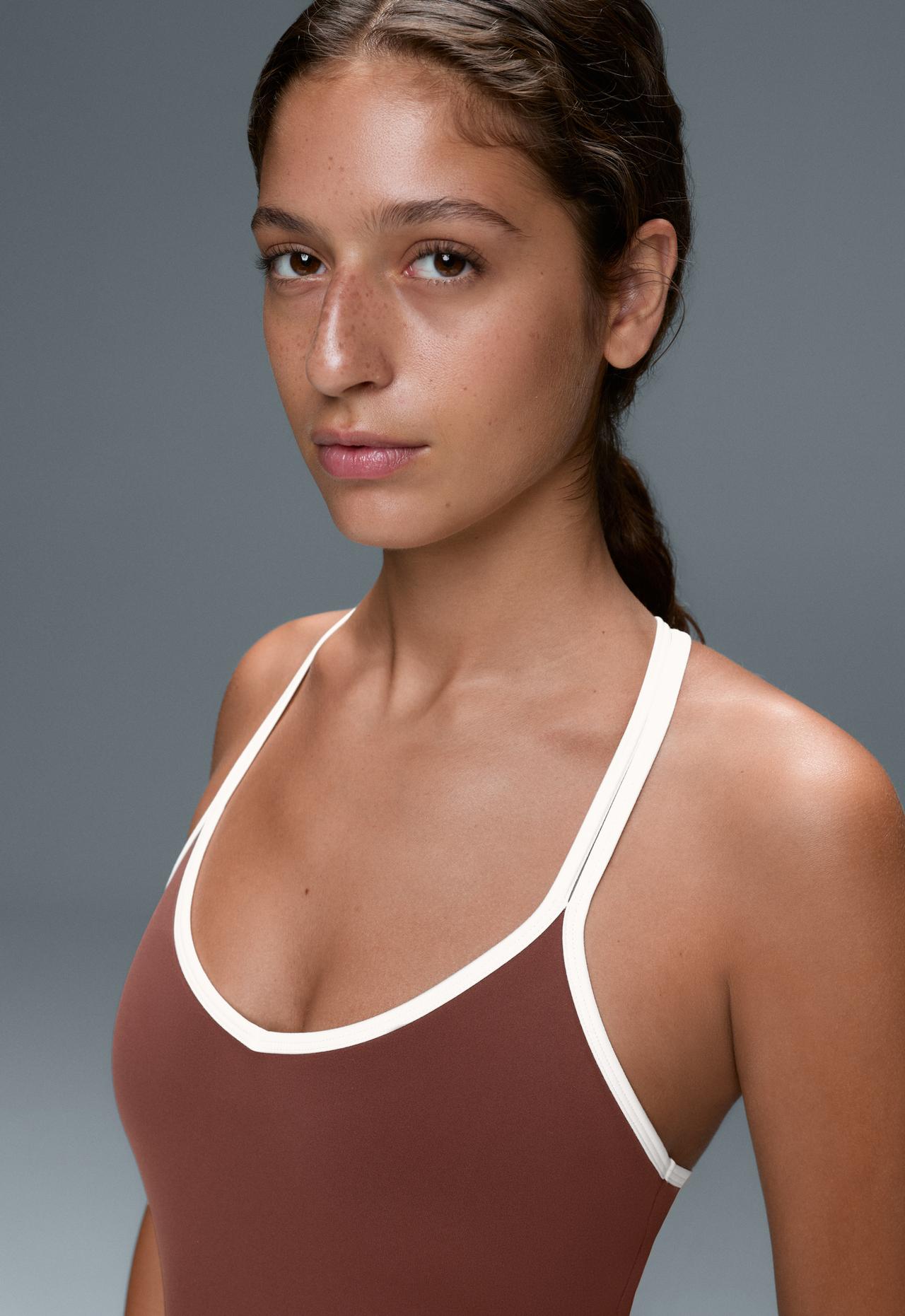 Comfortlux short jumpsuit with contrast double straps — TERRACOTTA