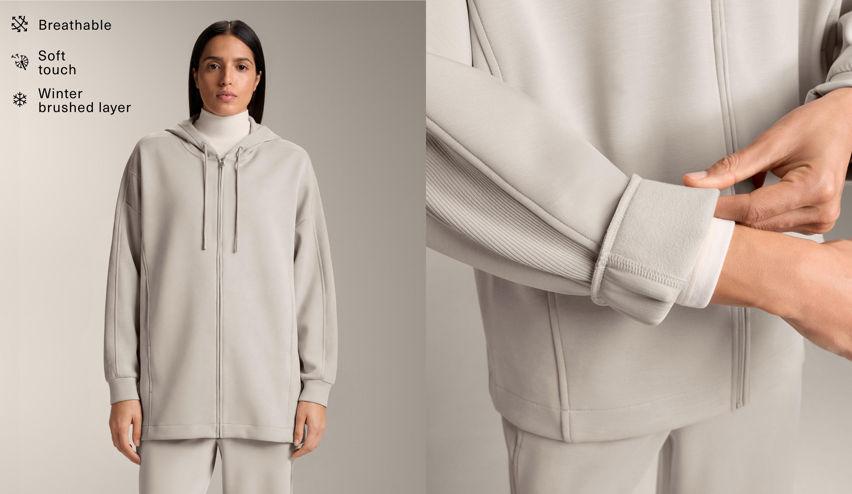 Long hooded jacket with rib details and brushed modal - Sale