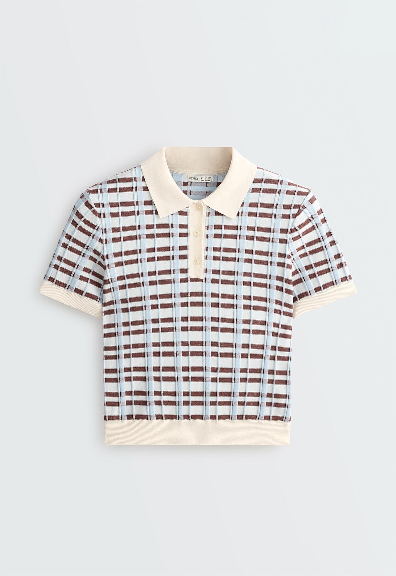 Short sleeve check knit polo shirt — PALE ECRU