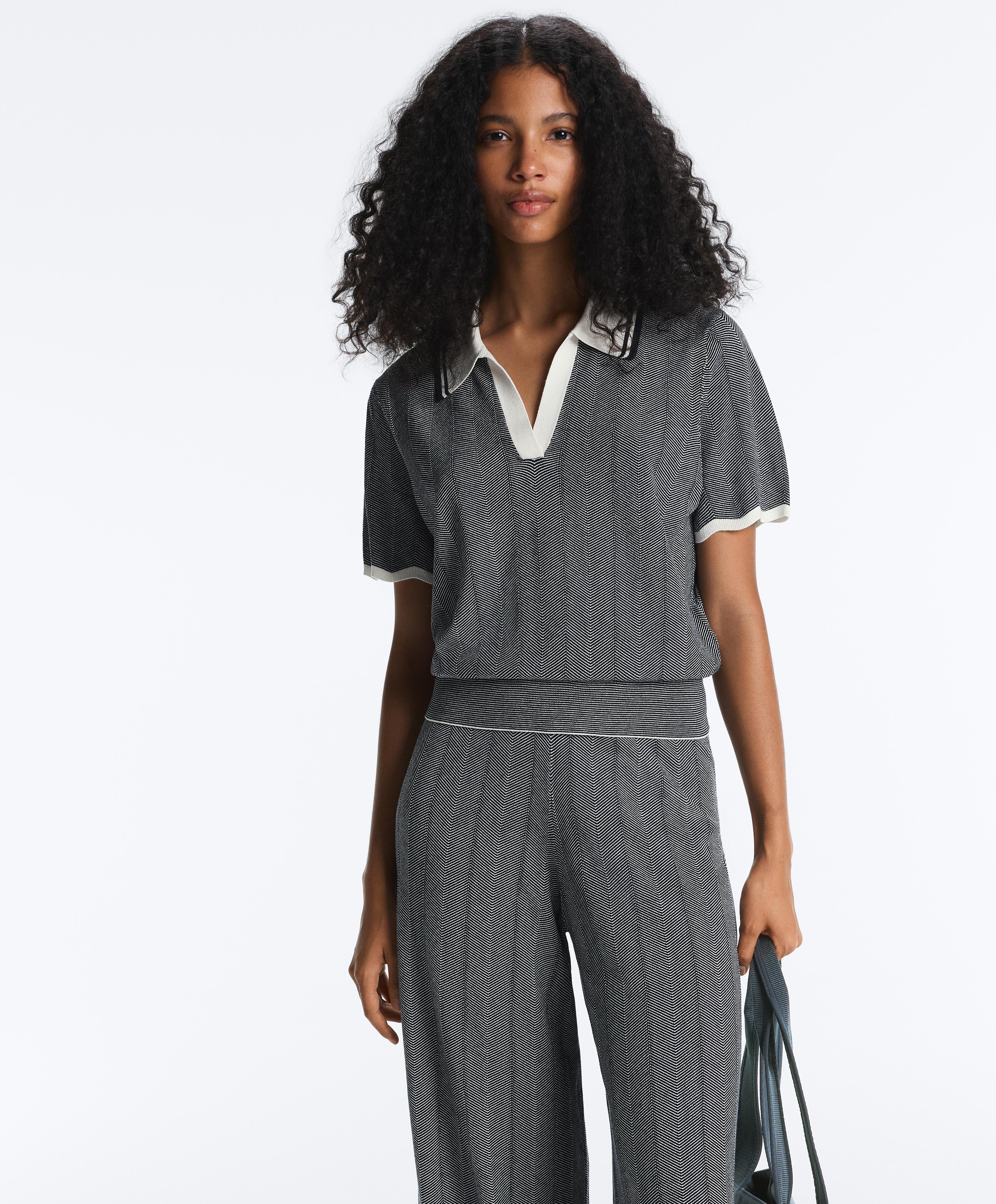 Herringbone short sleeve knit polo shirt — NAVY BLUE
