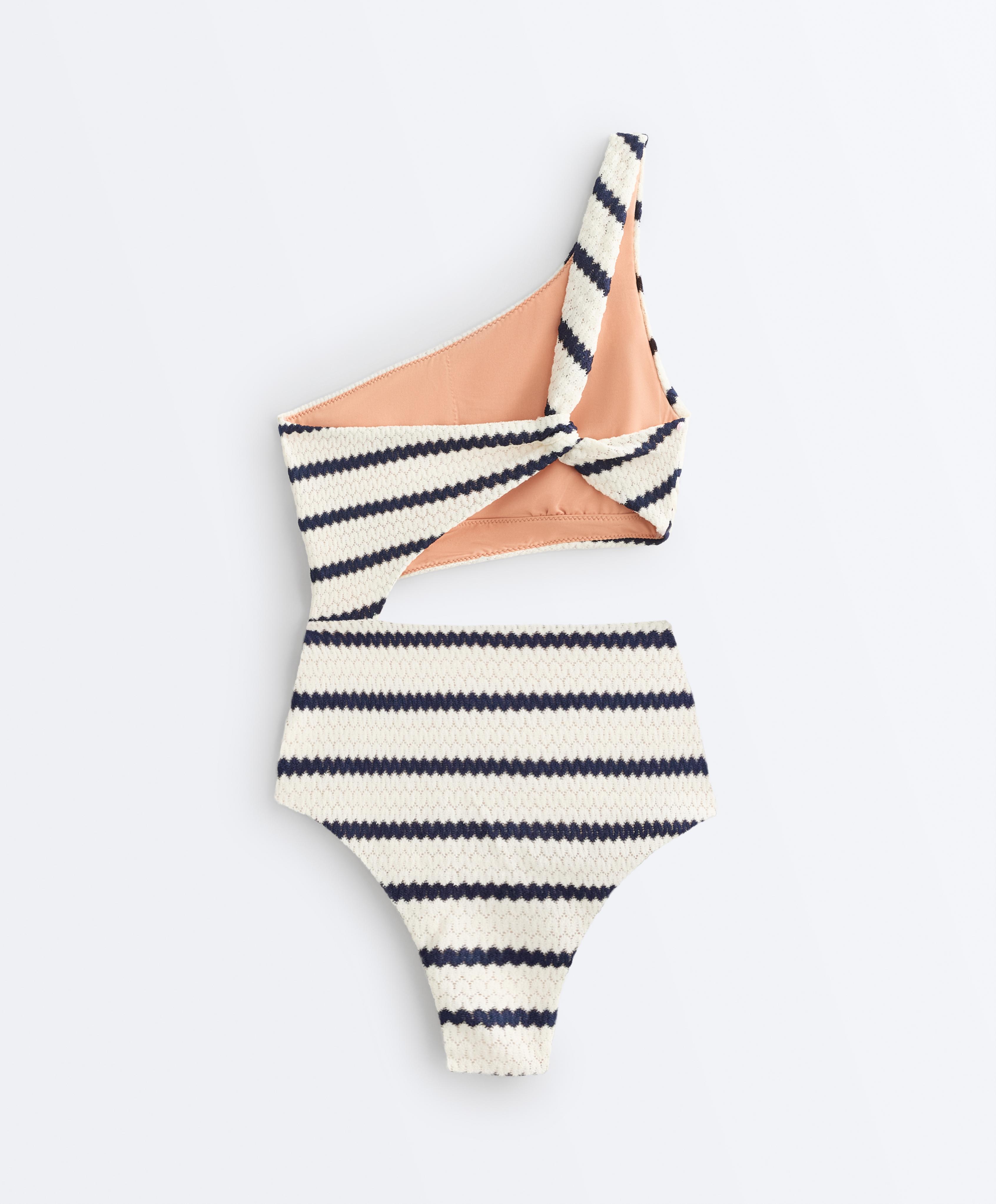 Asymmetric striped crochet trikini — PALE ECRU