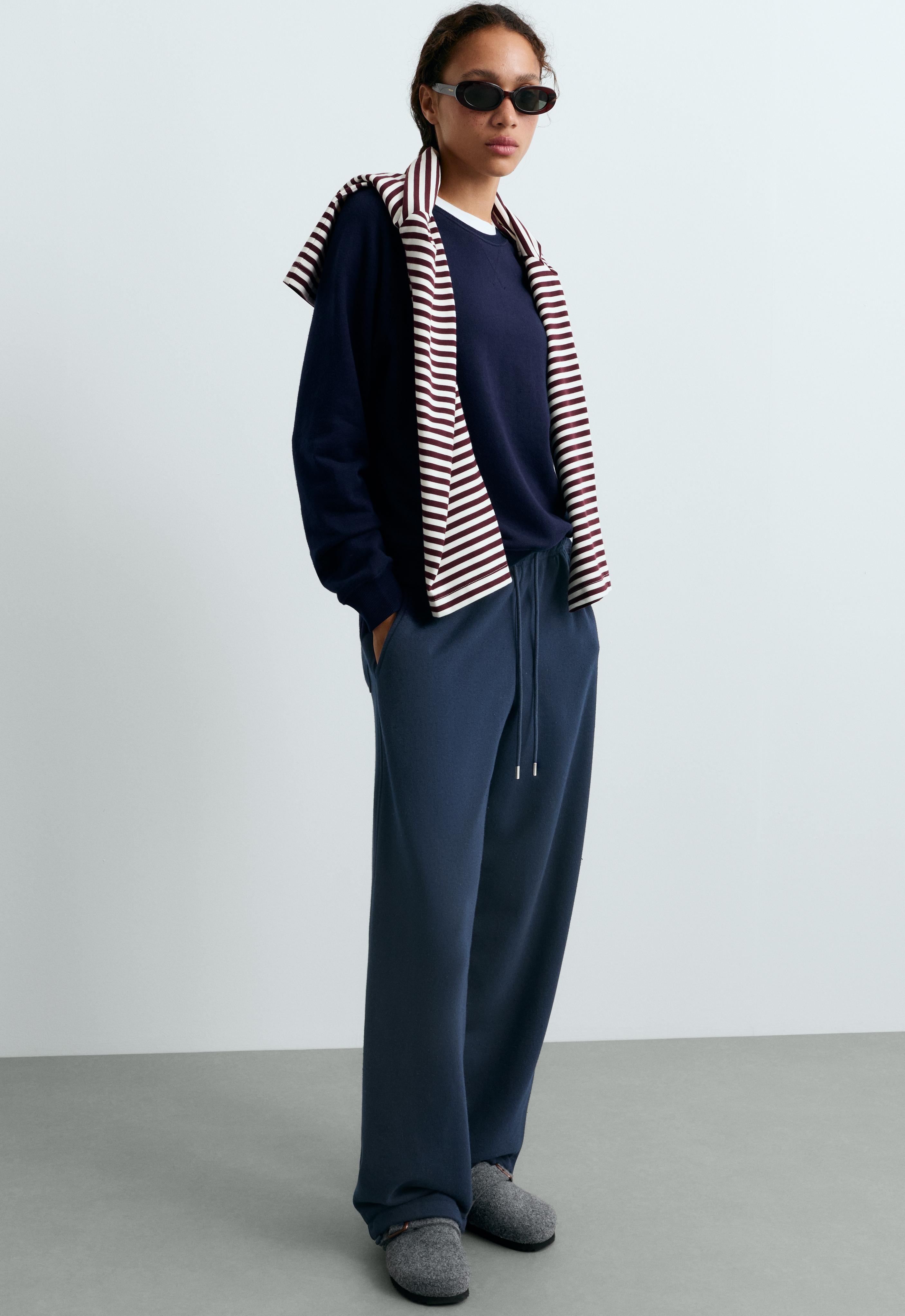 Cotton blend fleece straight-leg trousers — NAVY BLUE