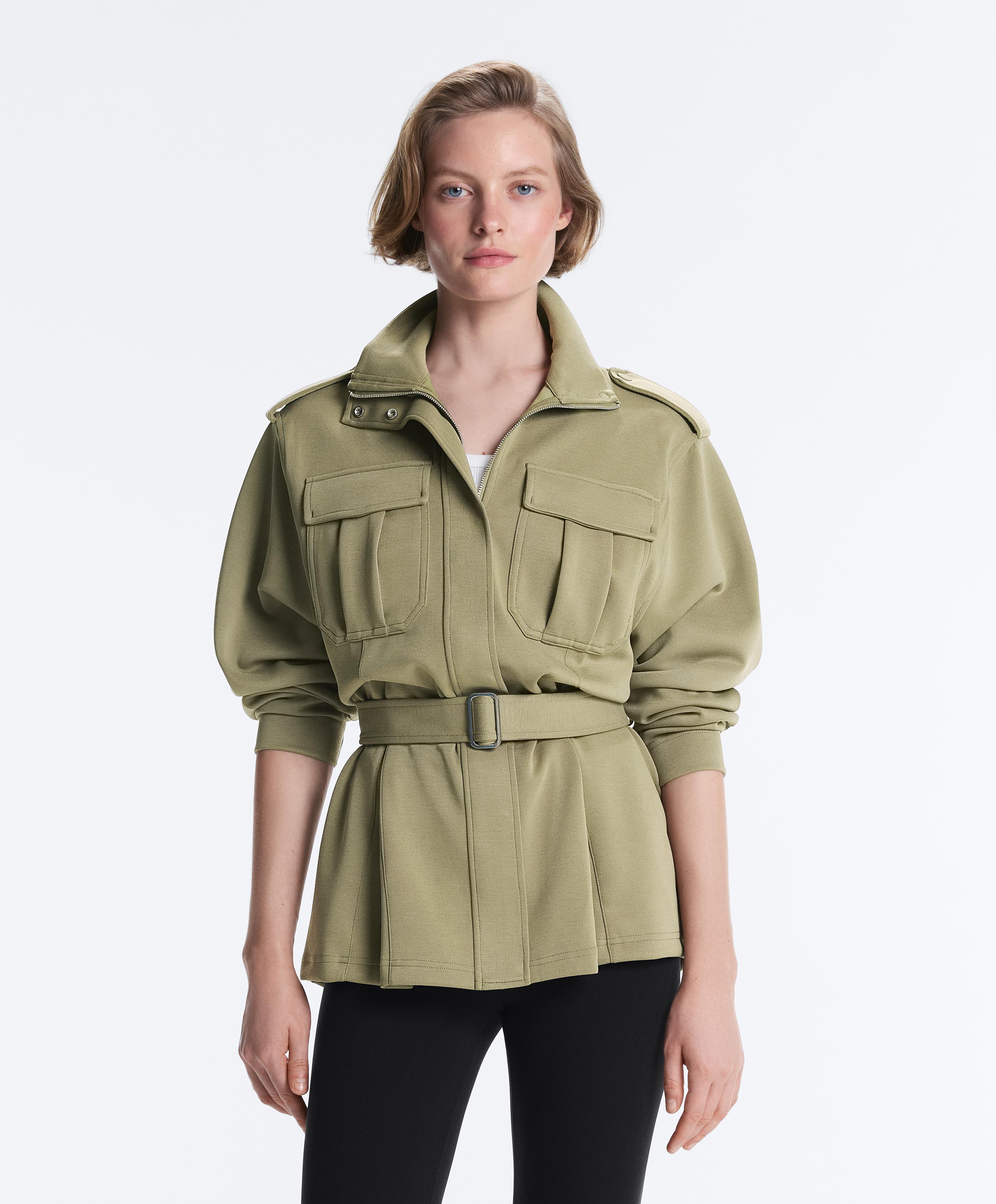Long utility pique jacket with belt — YELLOW GREEN