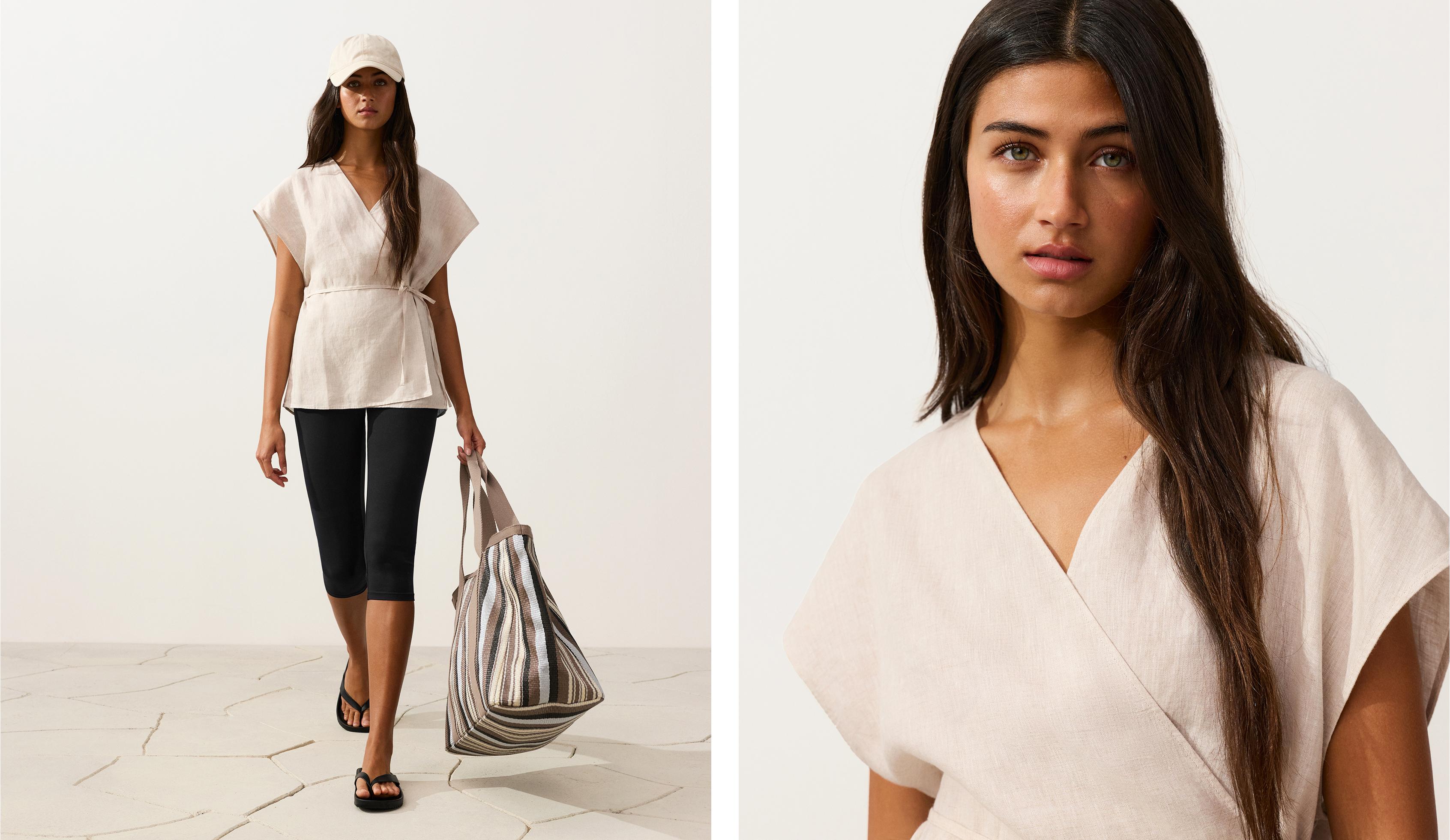 100% linen wrap shirt with tie — SAND MELANGE