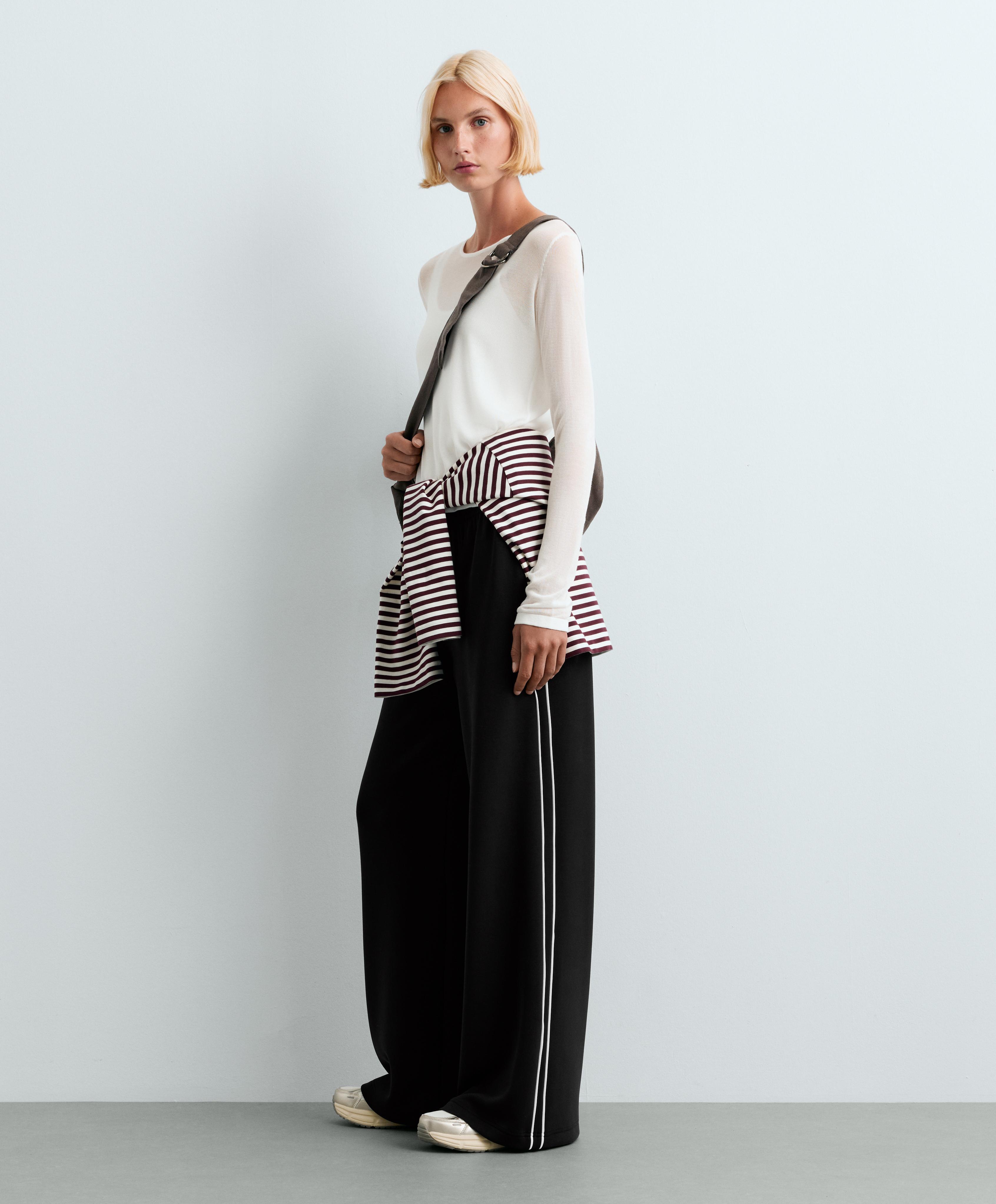 Wide-leg modal piping trousers — BLACK