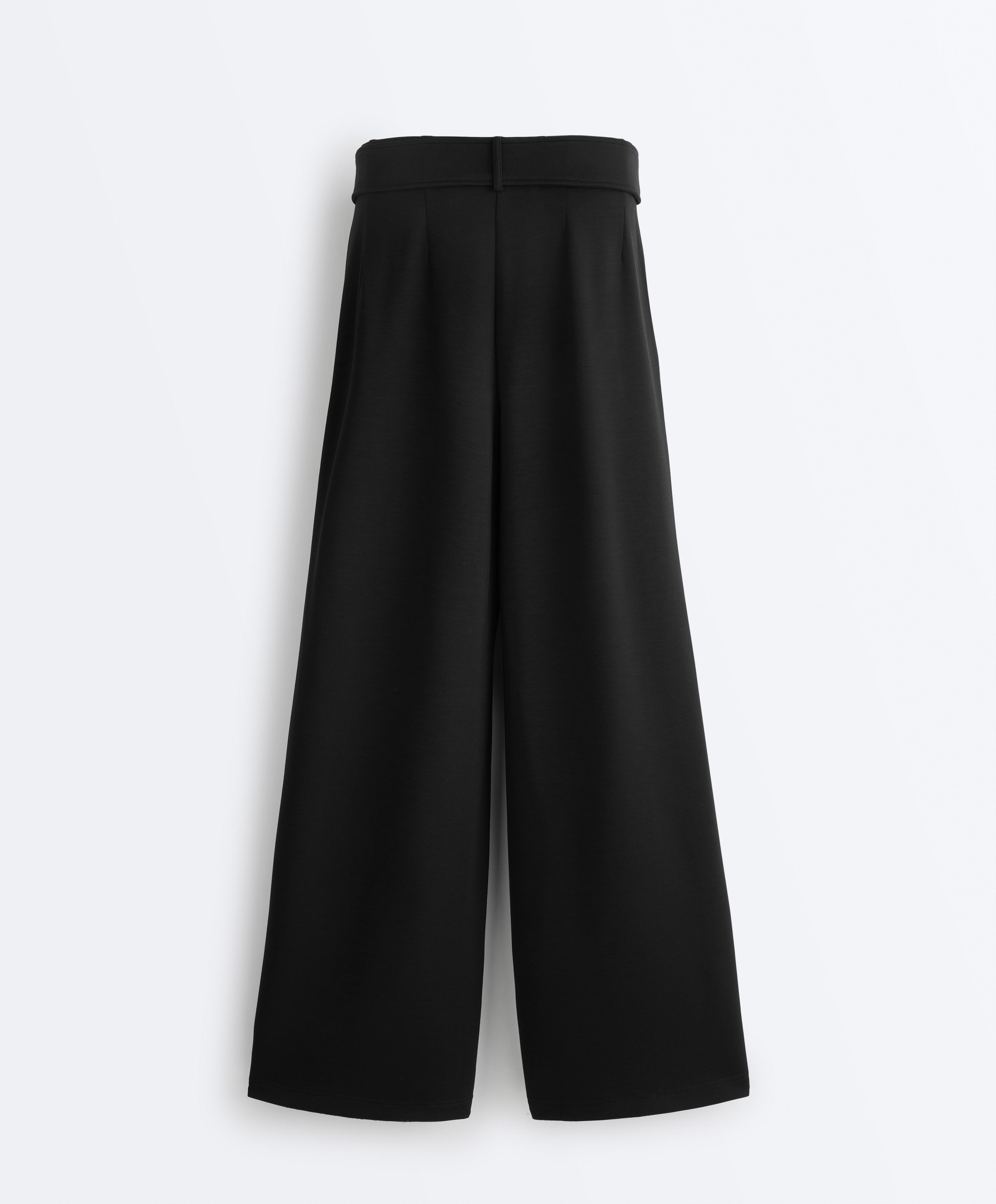 Soft-touch modal wide-leg trousers with pleat waist detail — BLACK