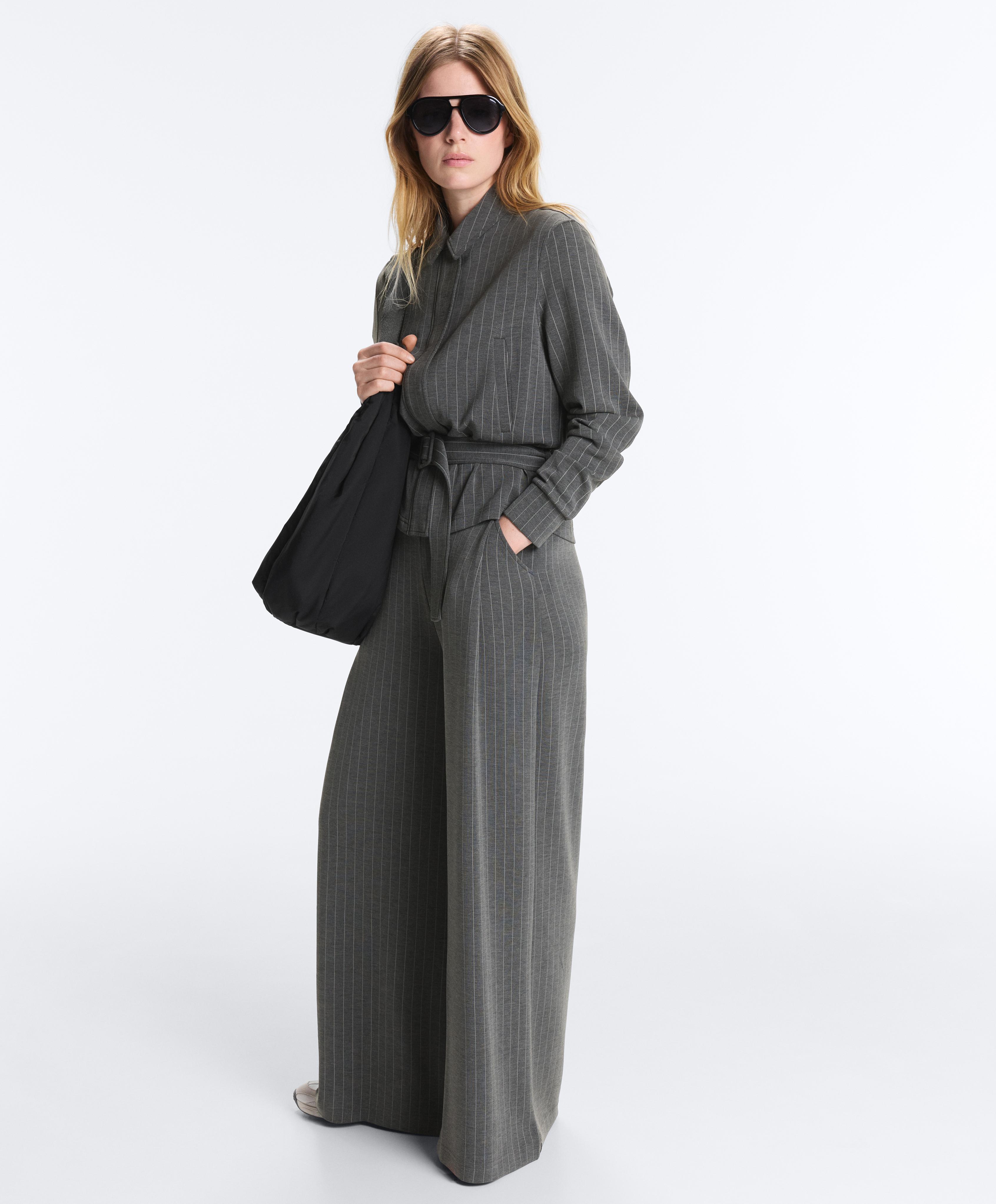 Soft-touch modal pinstripe wide-leg trousers — DARK GREY