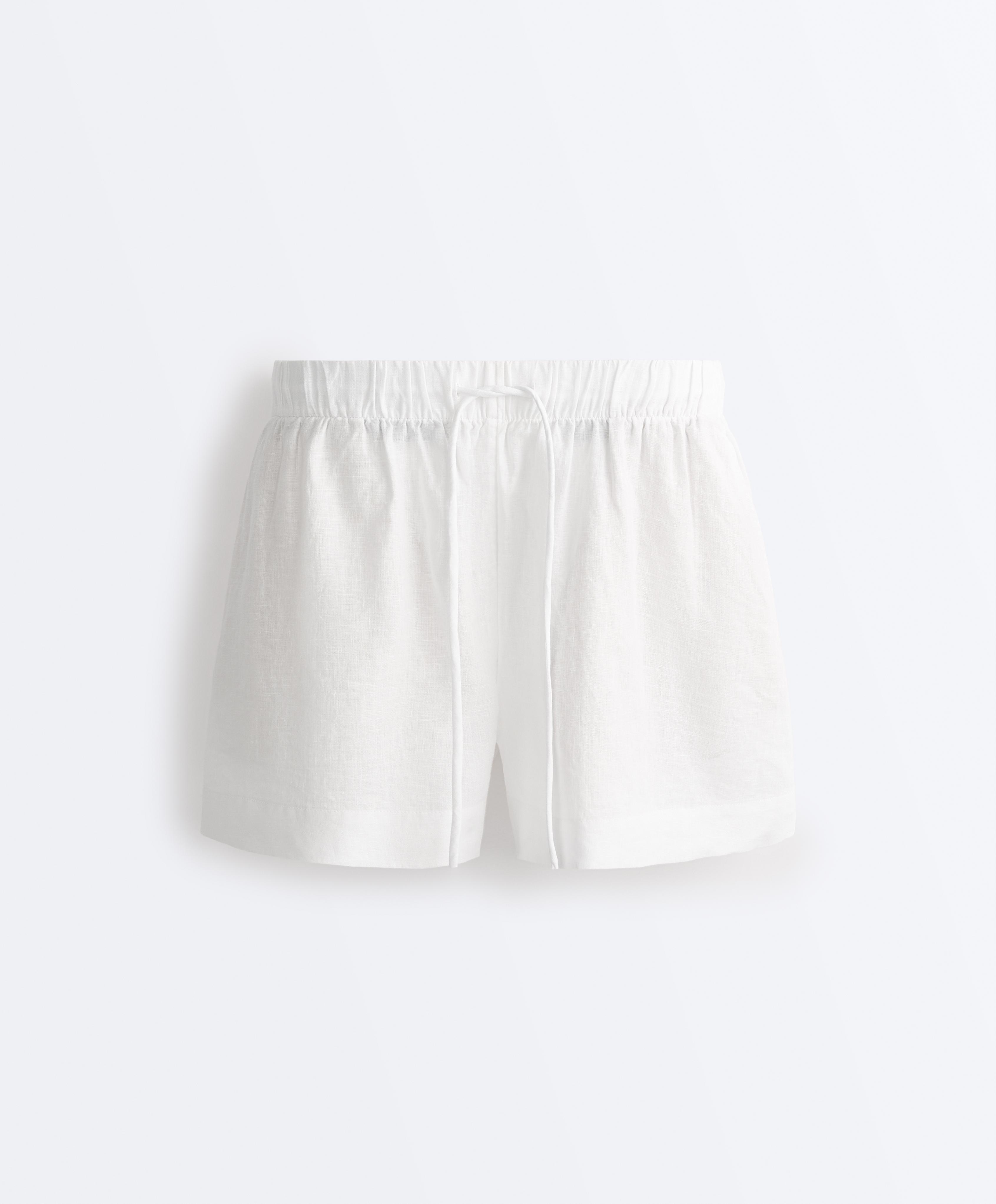 100% linen mid-rise shorts — WHITE
