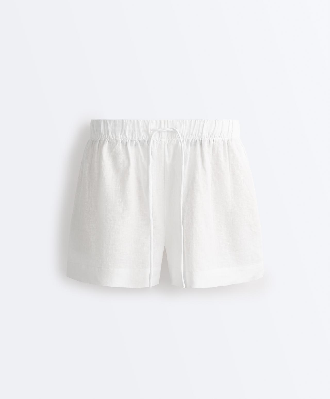 100% linen mid-rise shorts — WHITE