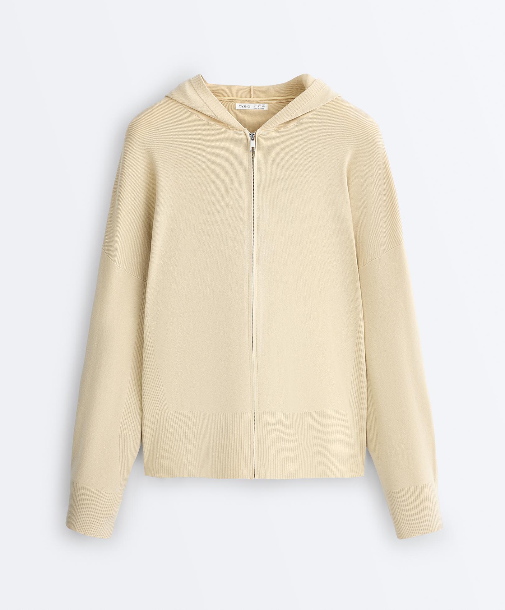 Long knit hooded jacket — BEIGE