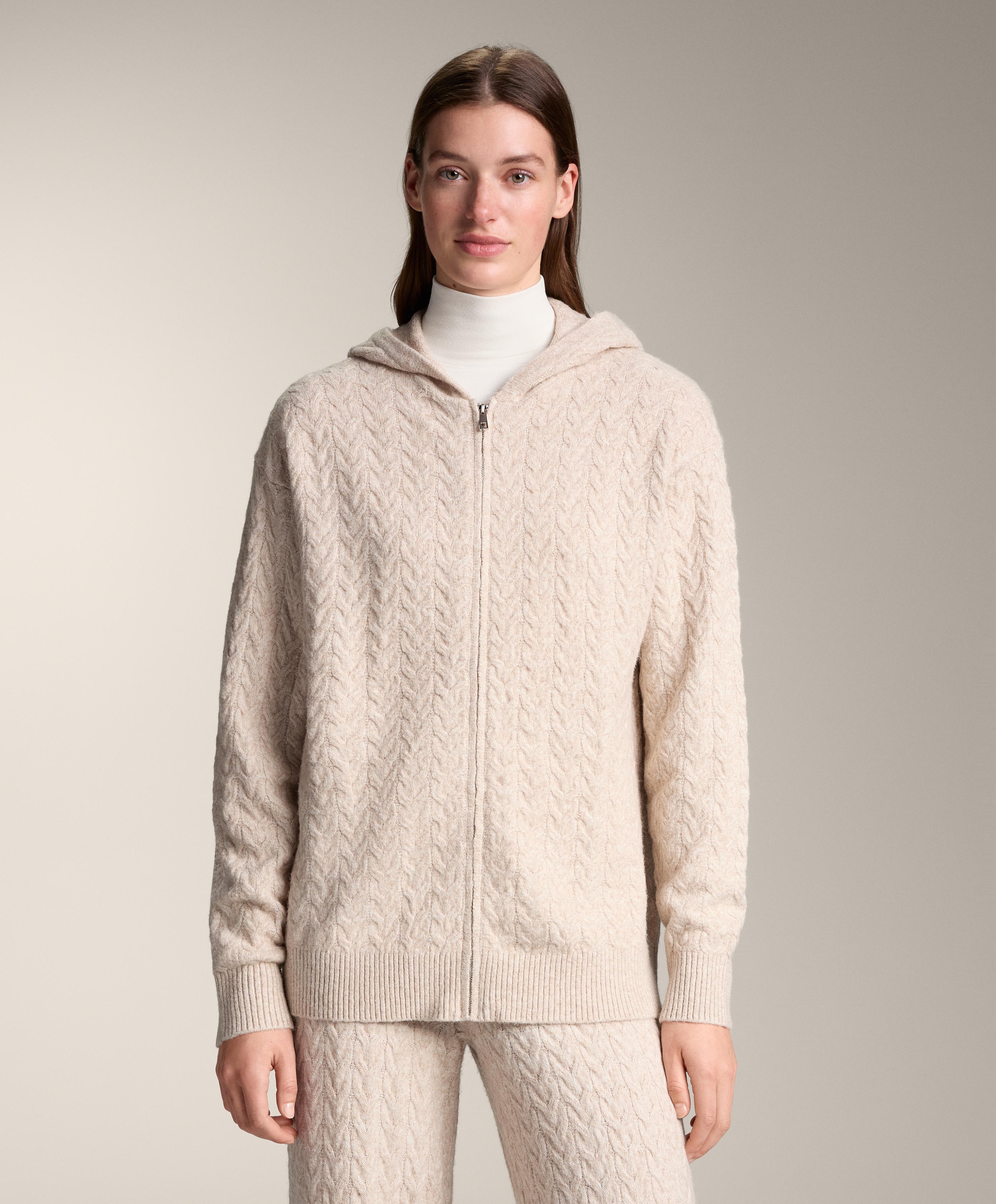 Veste longue en maille à capuche avec câbles