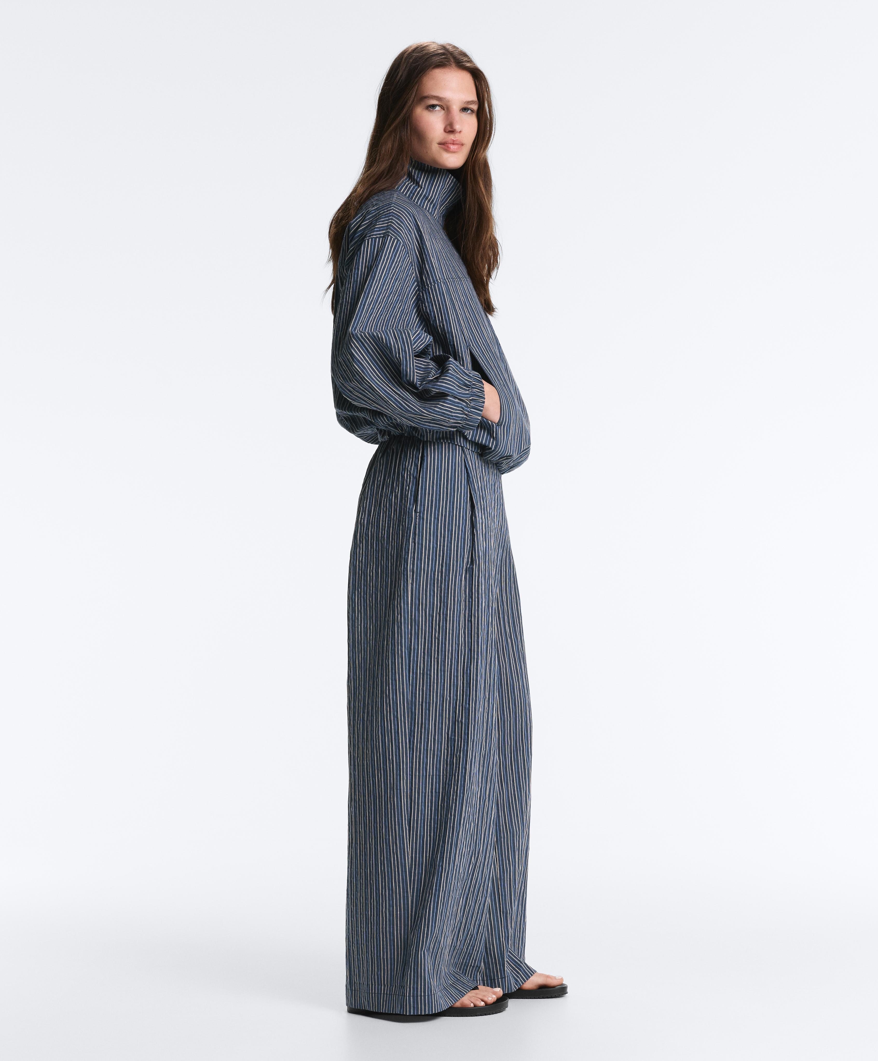 Wide leg cotton blend stripe trousers — DARK NAVY