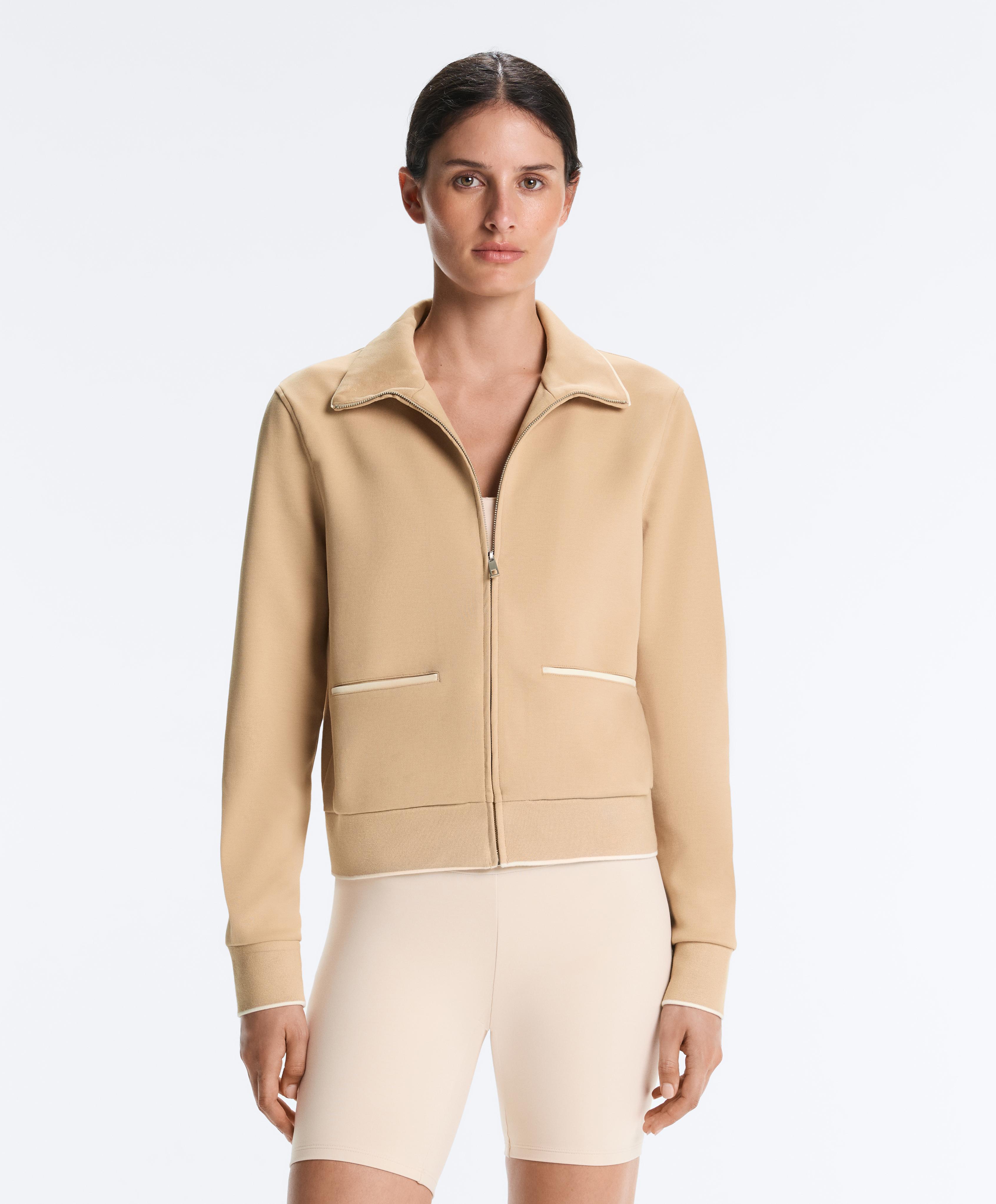 Cotton piqué jacket with piping — BEIGE