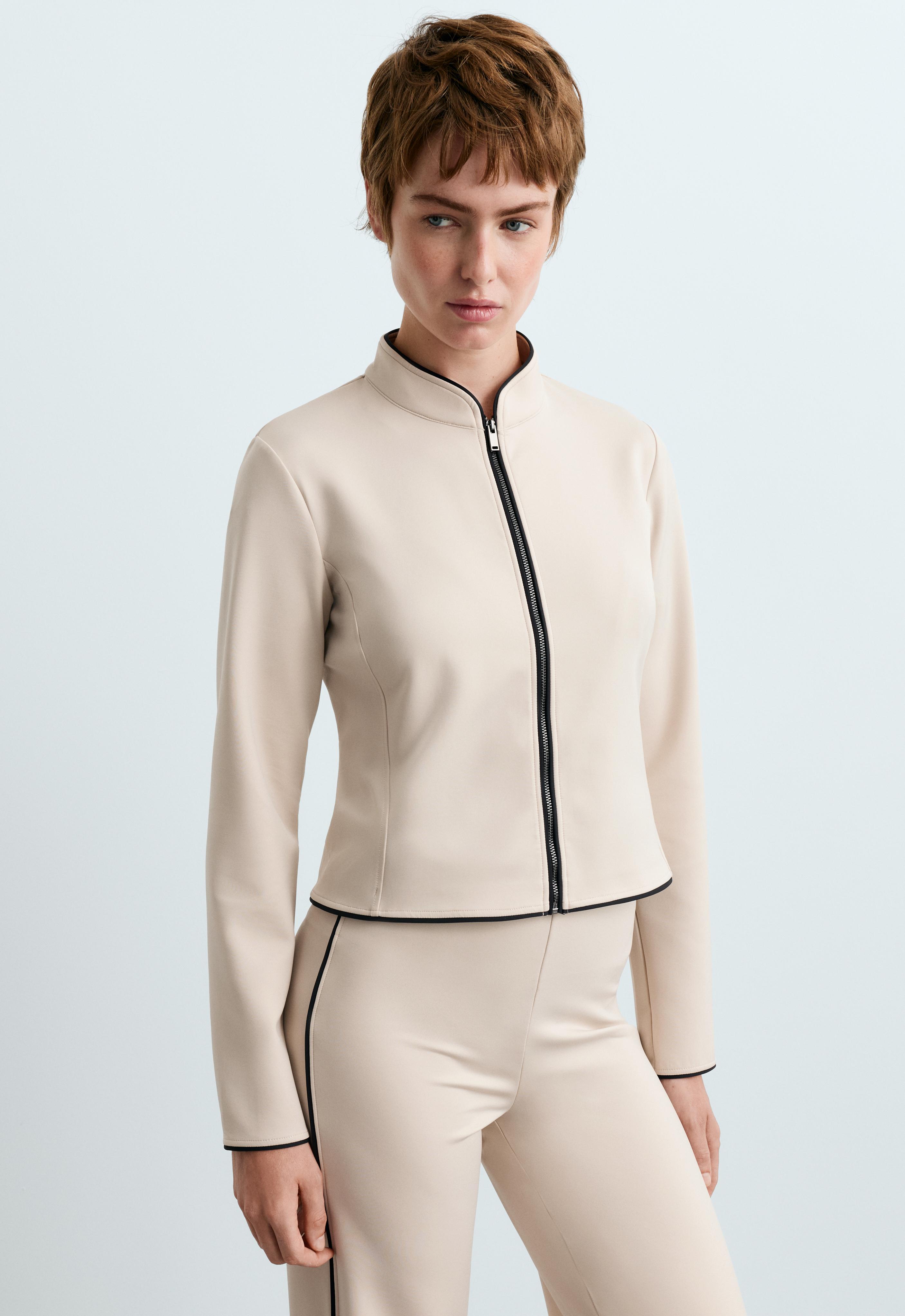 Neoprene-effect mandarin collar jacket with piping
