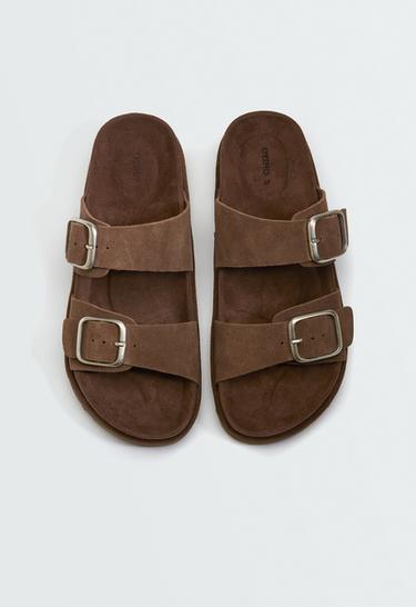 Buckle split-leather platform sandals — BROWN 3