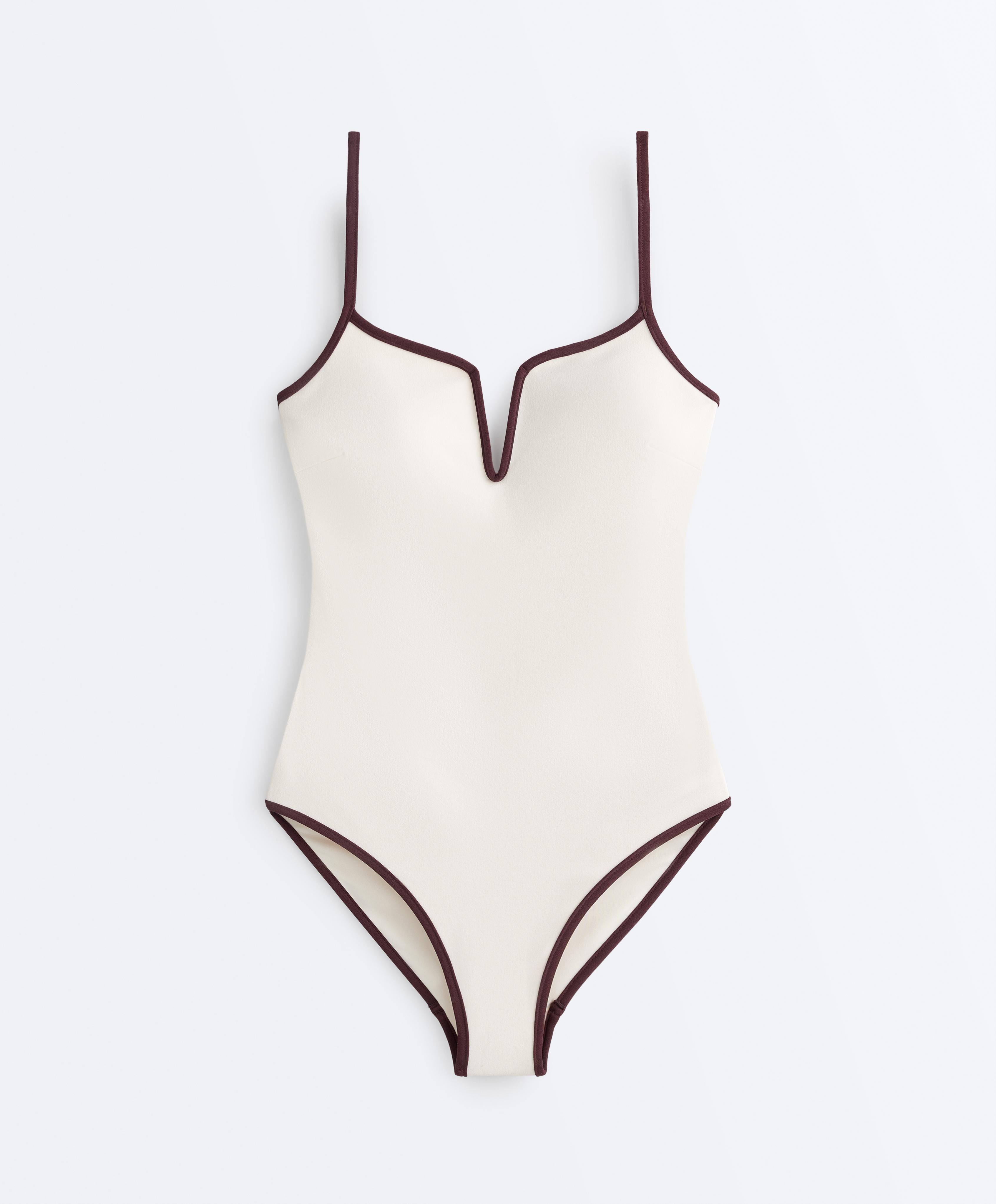 V-neck contrast trim swimsuit — PALE ECRU
