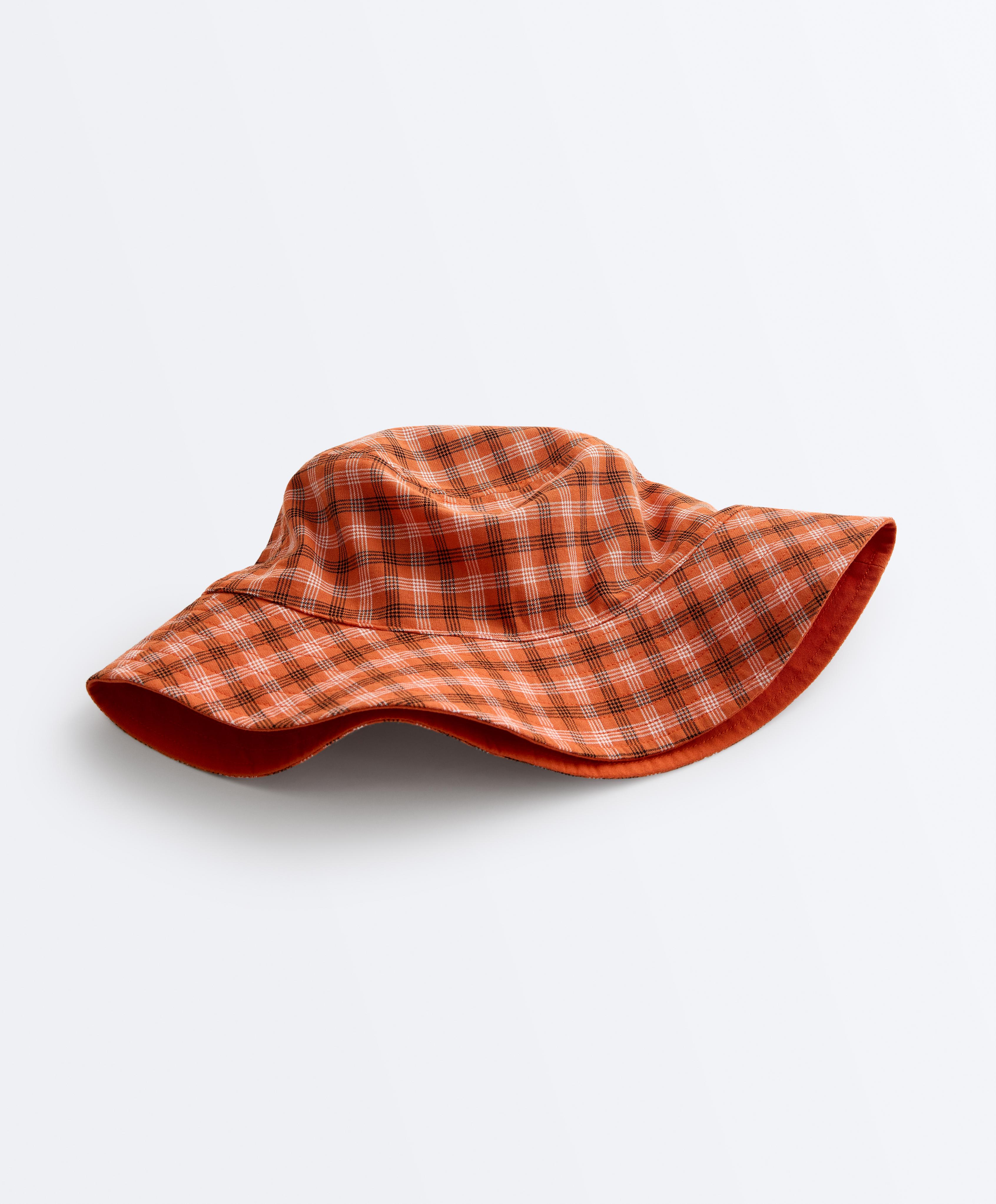 Reversible cotton blend check bucket hat — BRIGHT ORANGE