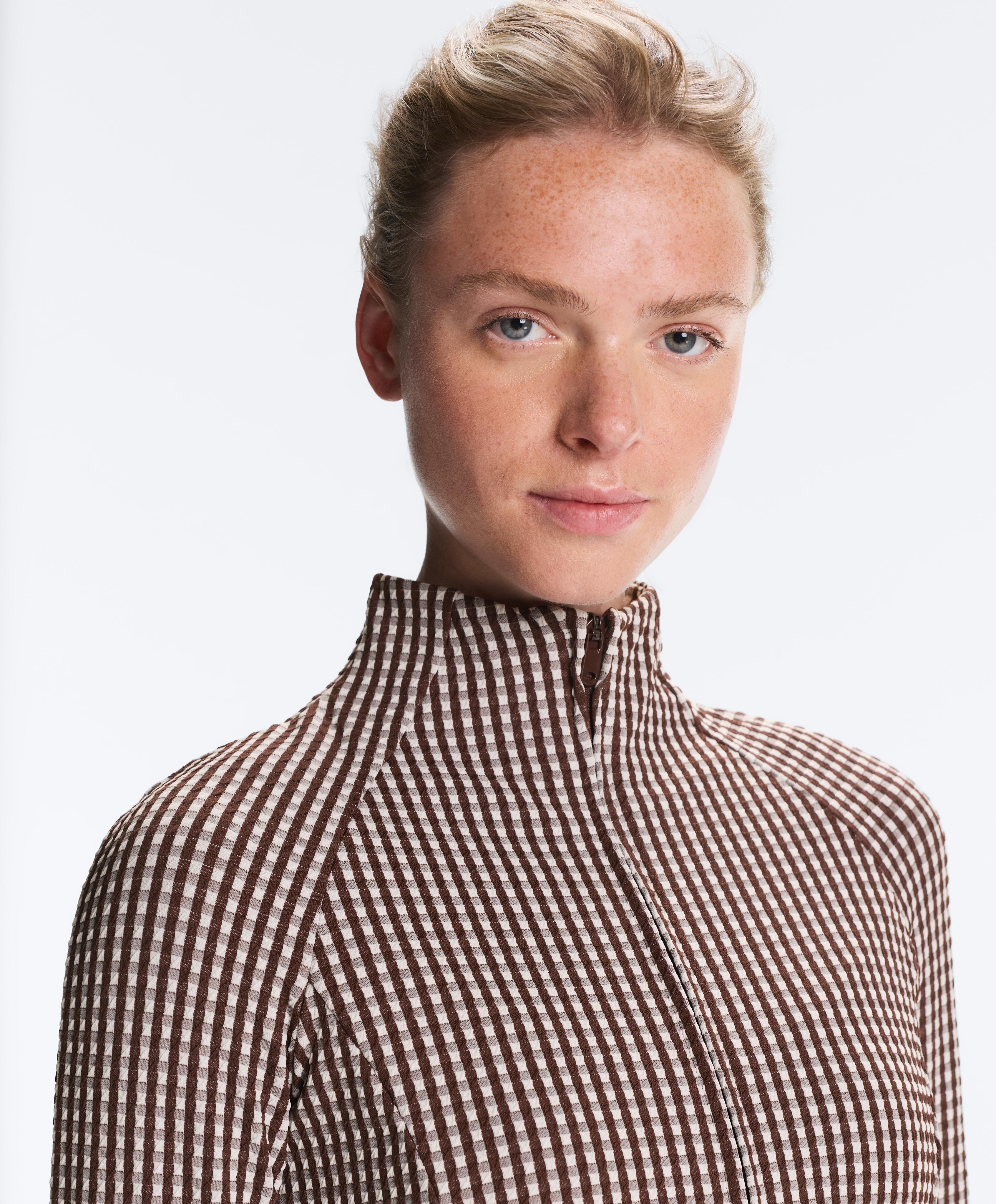 Gingham technical jacket — DARK REDDISH‑BROWN