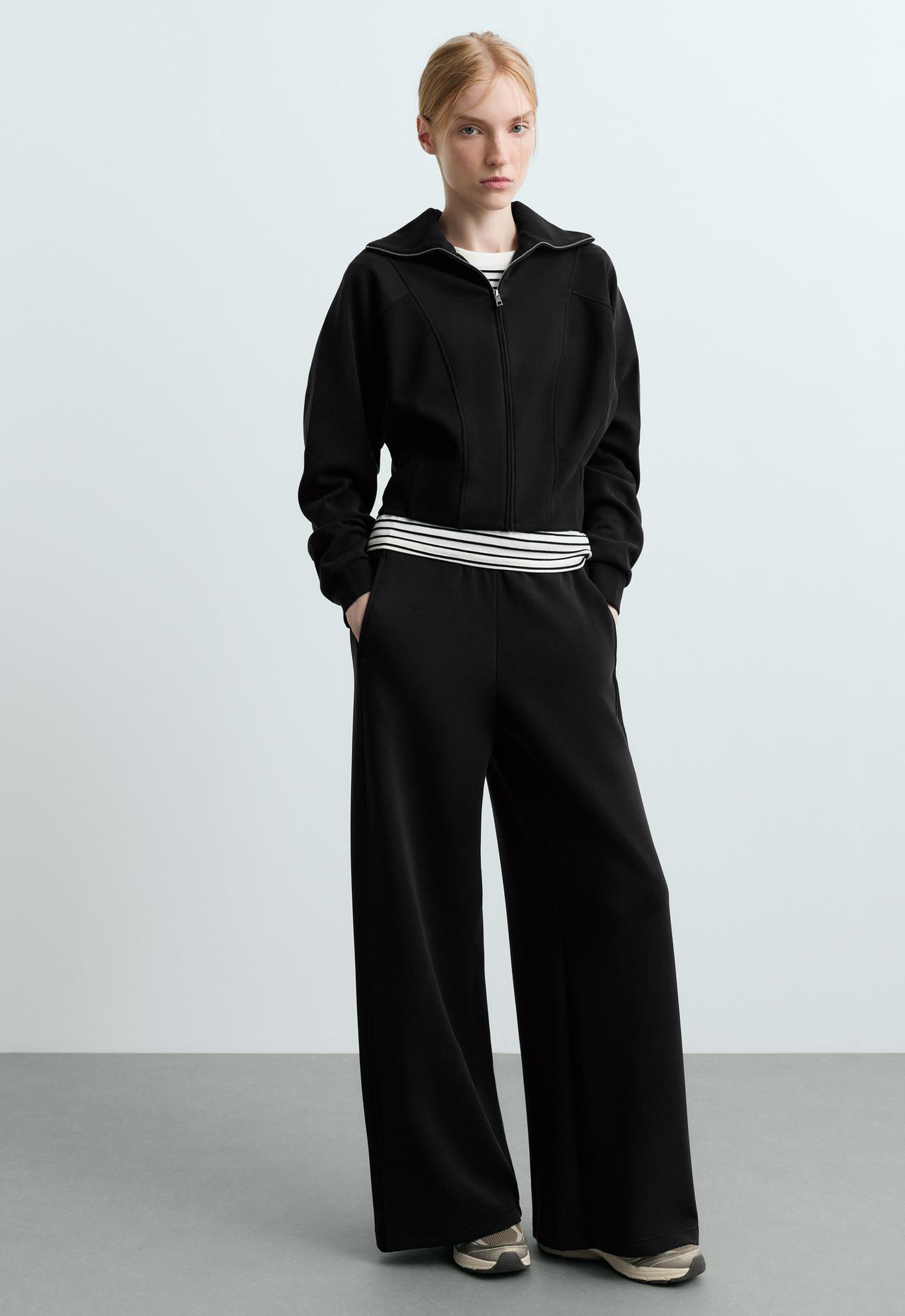 Side rib wide straight-leg trousers with brushed modal — BLACK
