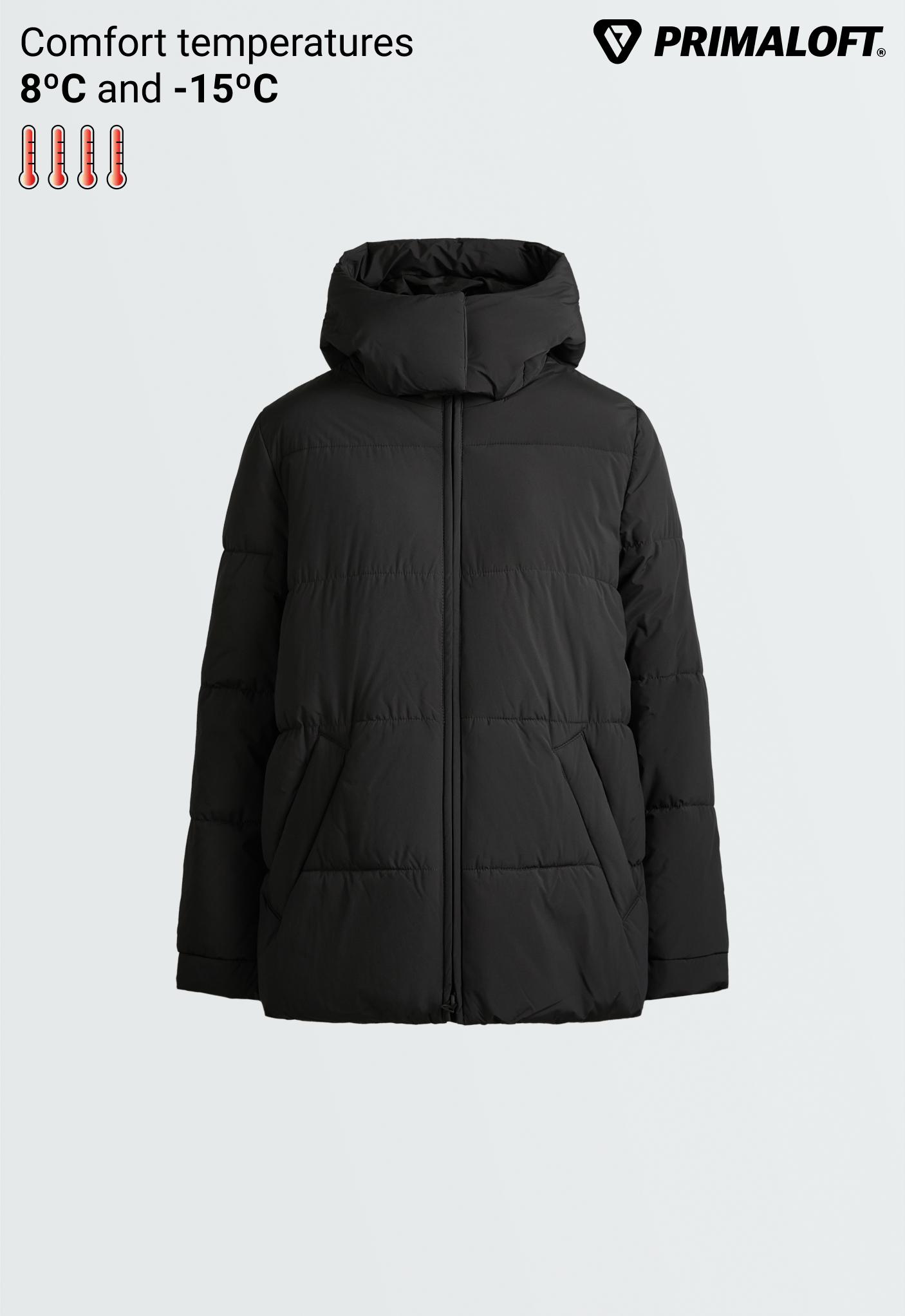 Front view of a black padded jacket with a hood, high collar, front zipper closure, and side pockets.