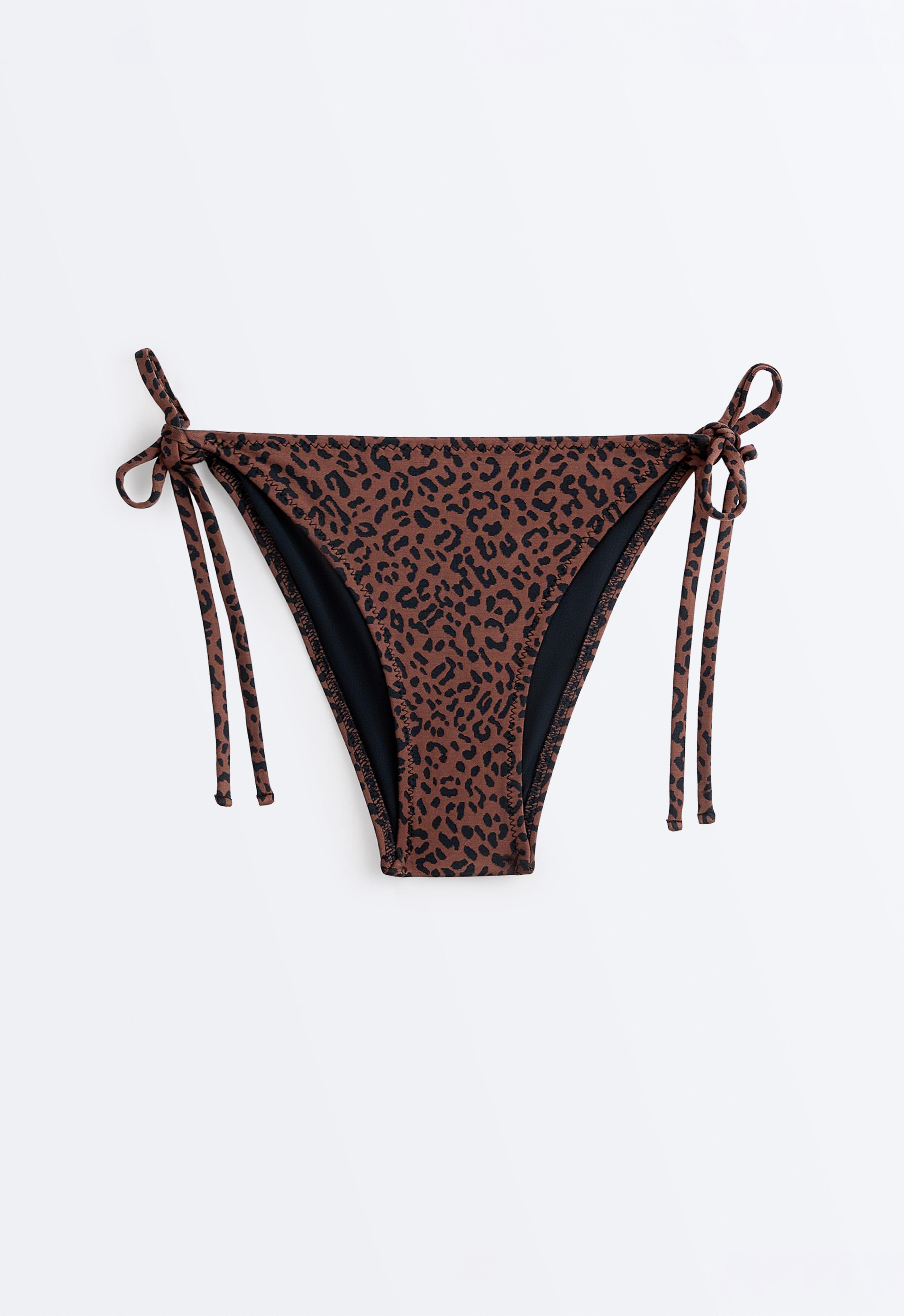 Leopard print tie-side bikini briefs — BROWN