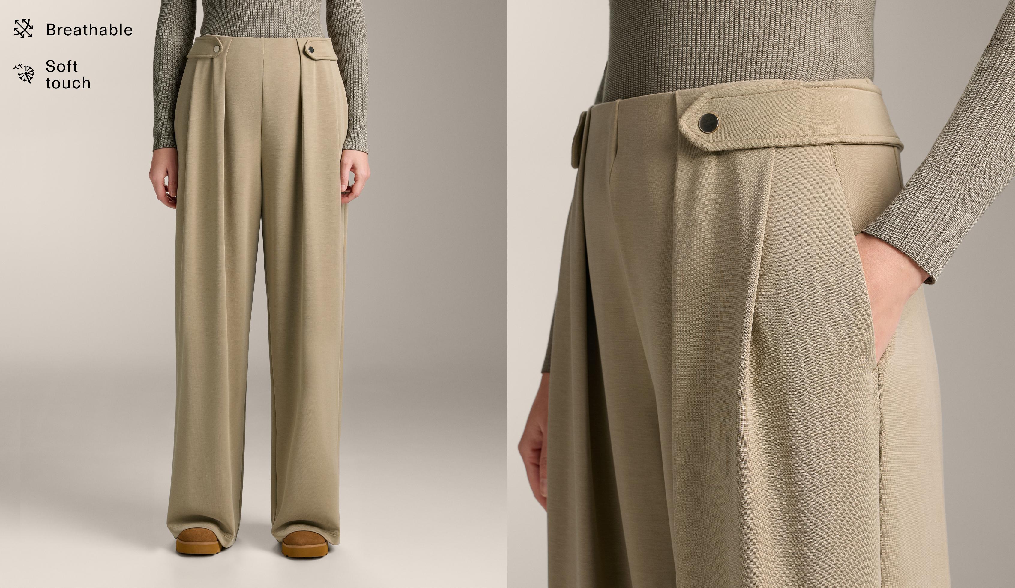 Soft-touch modal wide-leg trousers with pleat waist detail — GREEN BEIGE