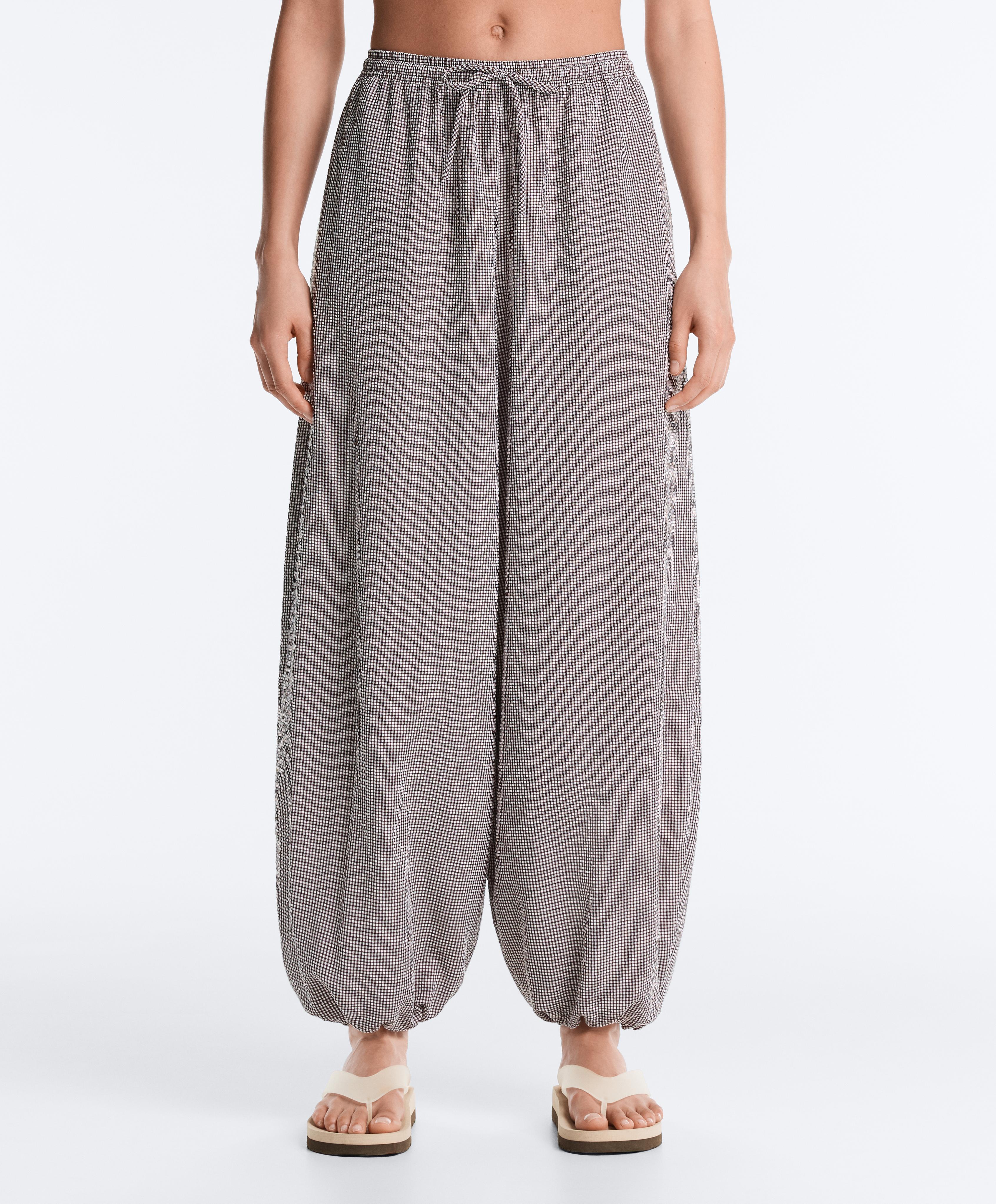 Lyocell blend gingham maxi bloomer trousers — DARK REDDISH‑BROWN