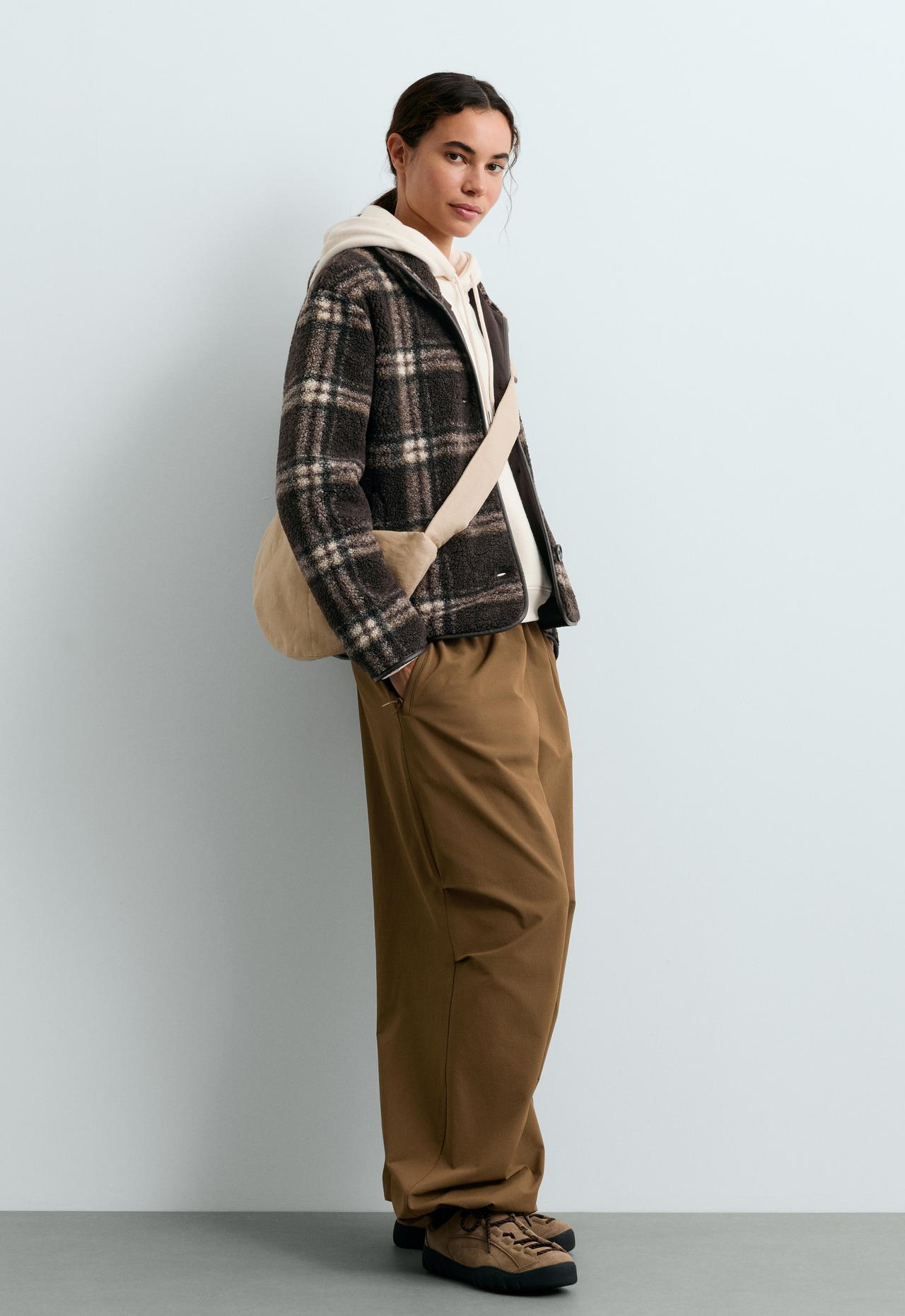 Checked faux-shearling jacket — DARK BROWN