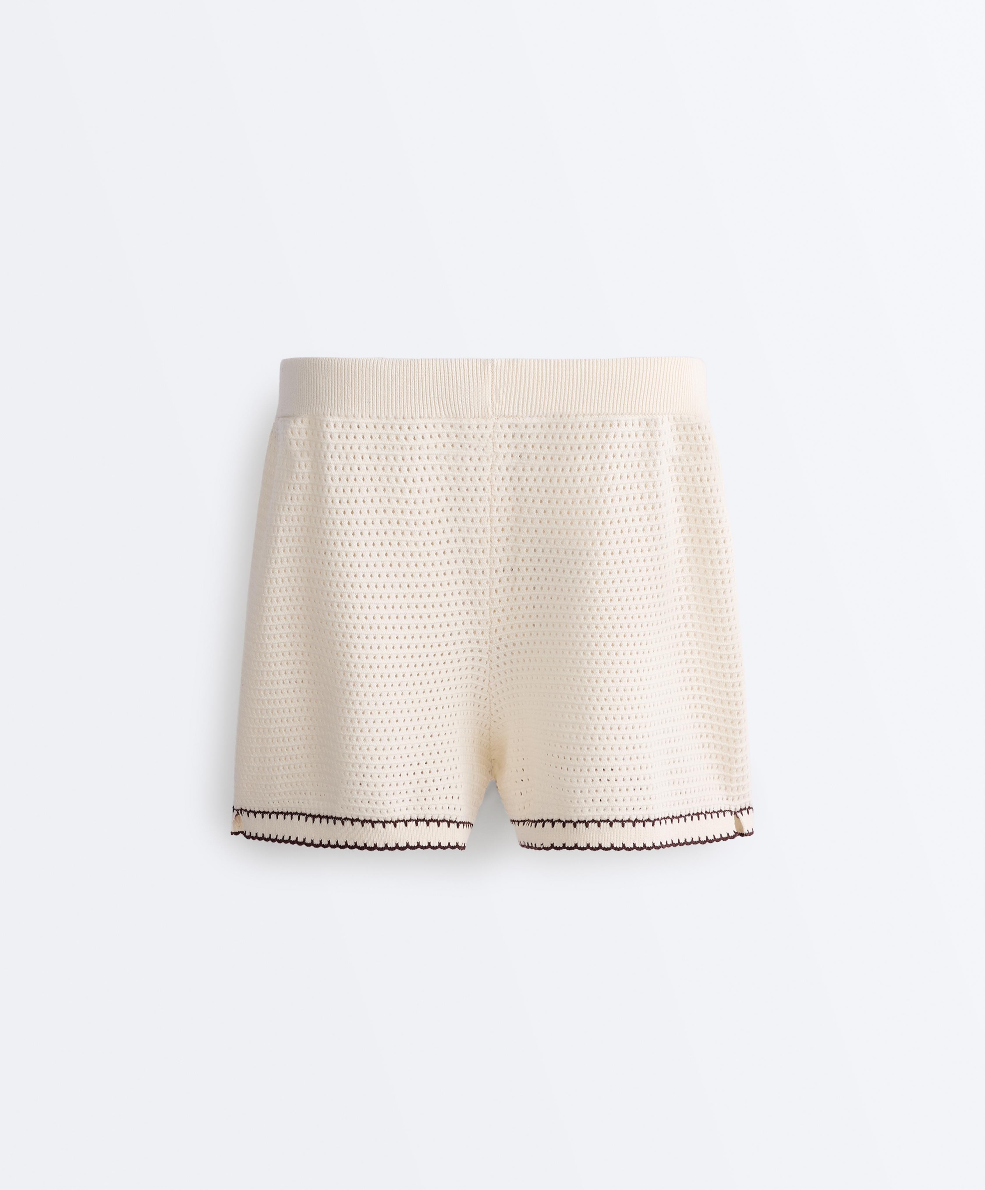 Cotton openwork knit shorts — PALE ECRU