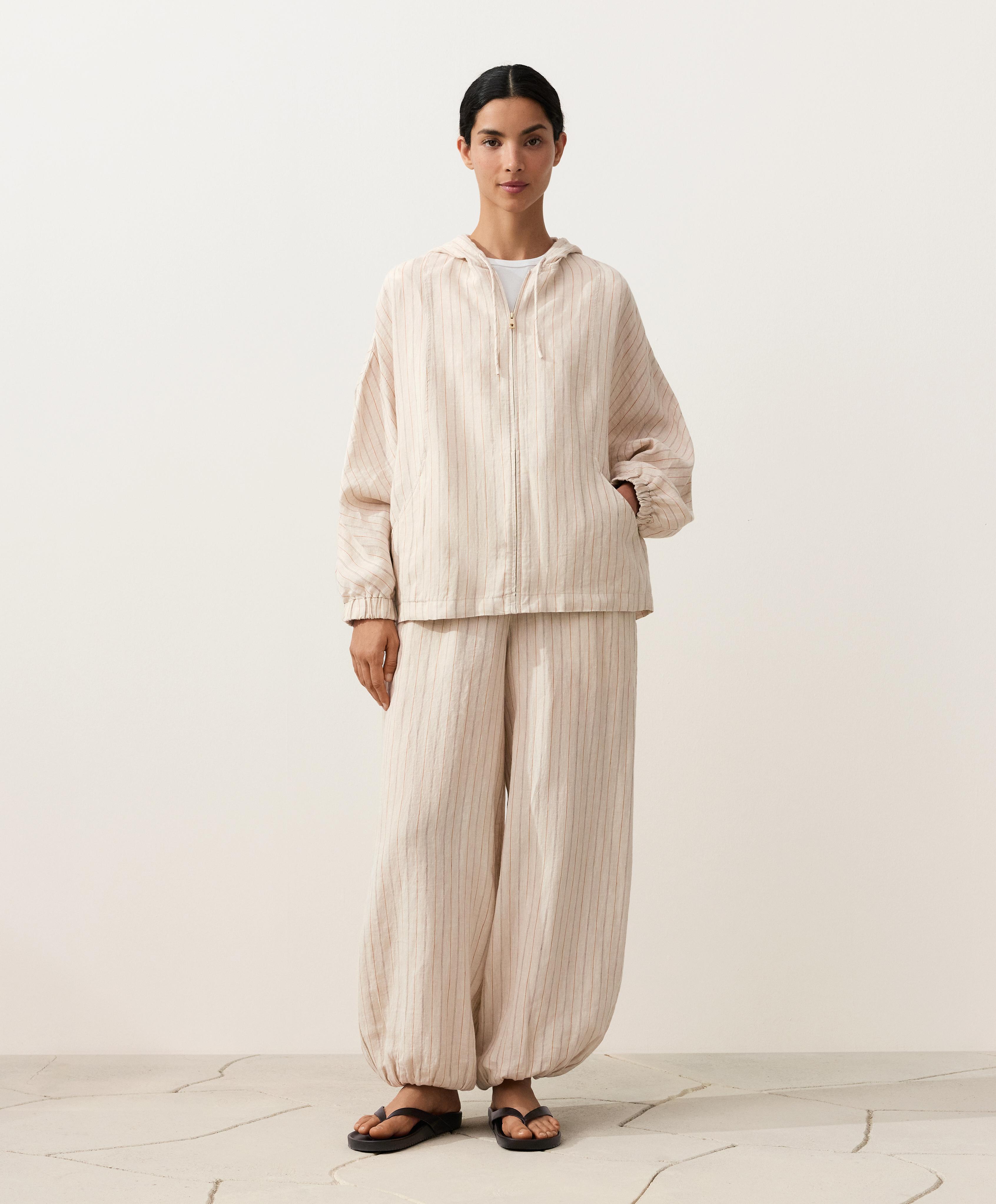 Kapüşonlu çizgili %100 keten ceket Kapüşonlu çizgili %100 keten ceket