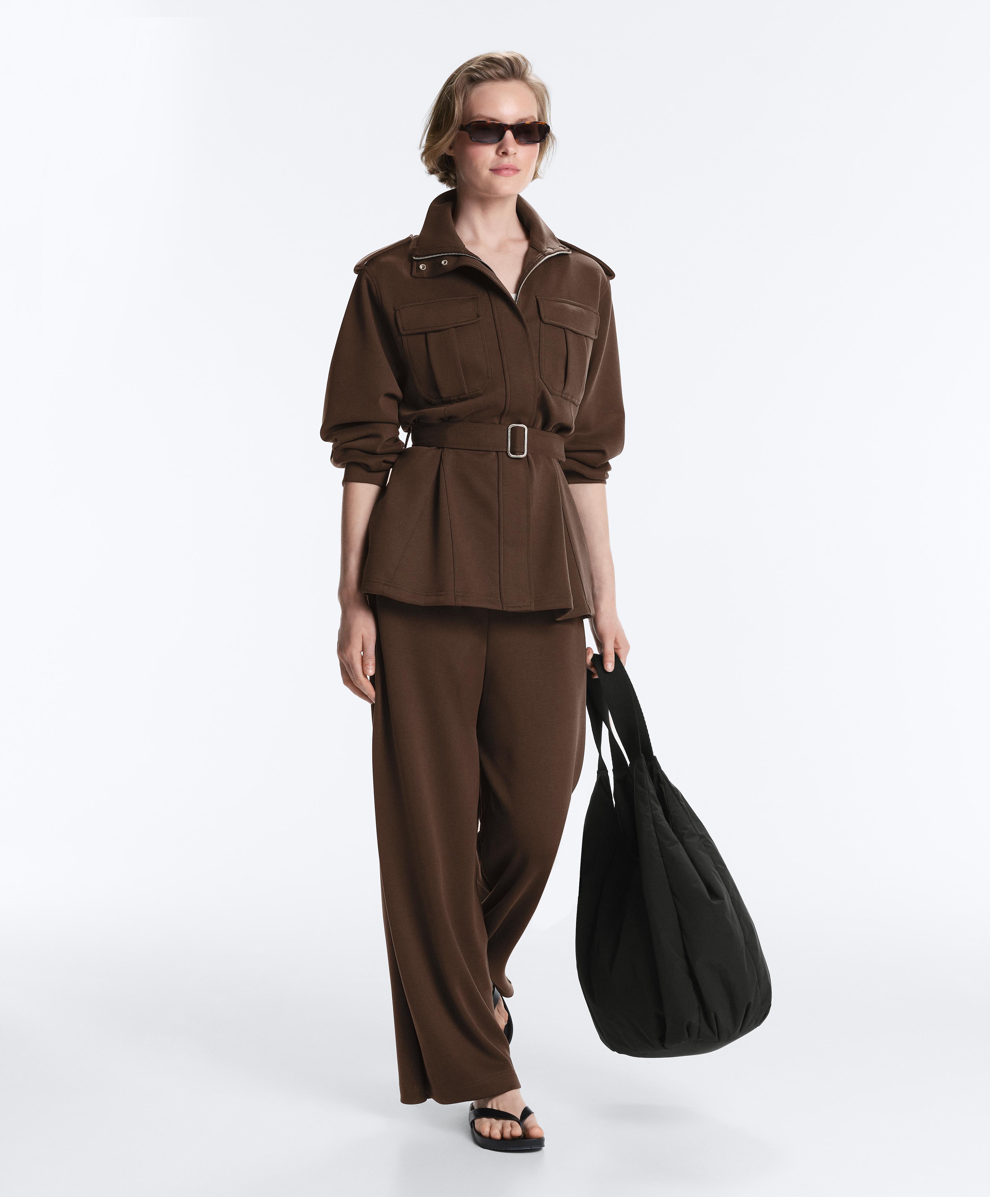 Long utility pique jacket with belt — DARK BROWN