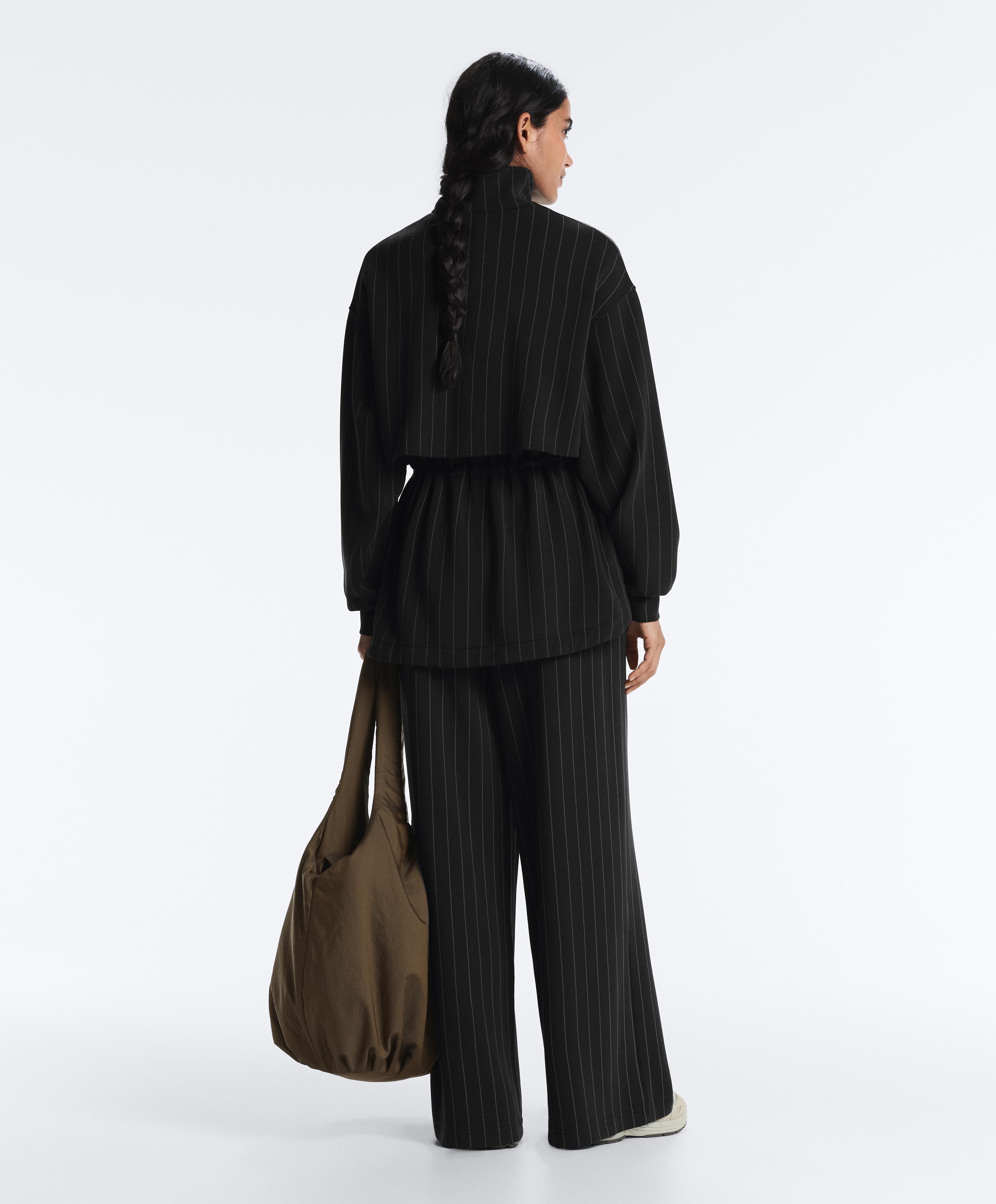 Soft touch pinstripe wide leg high rise trousers — BLACK
