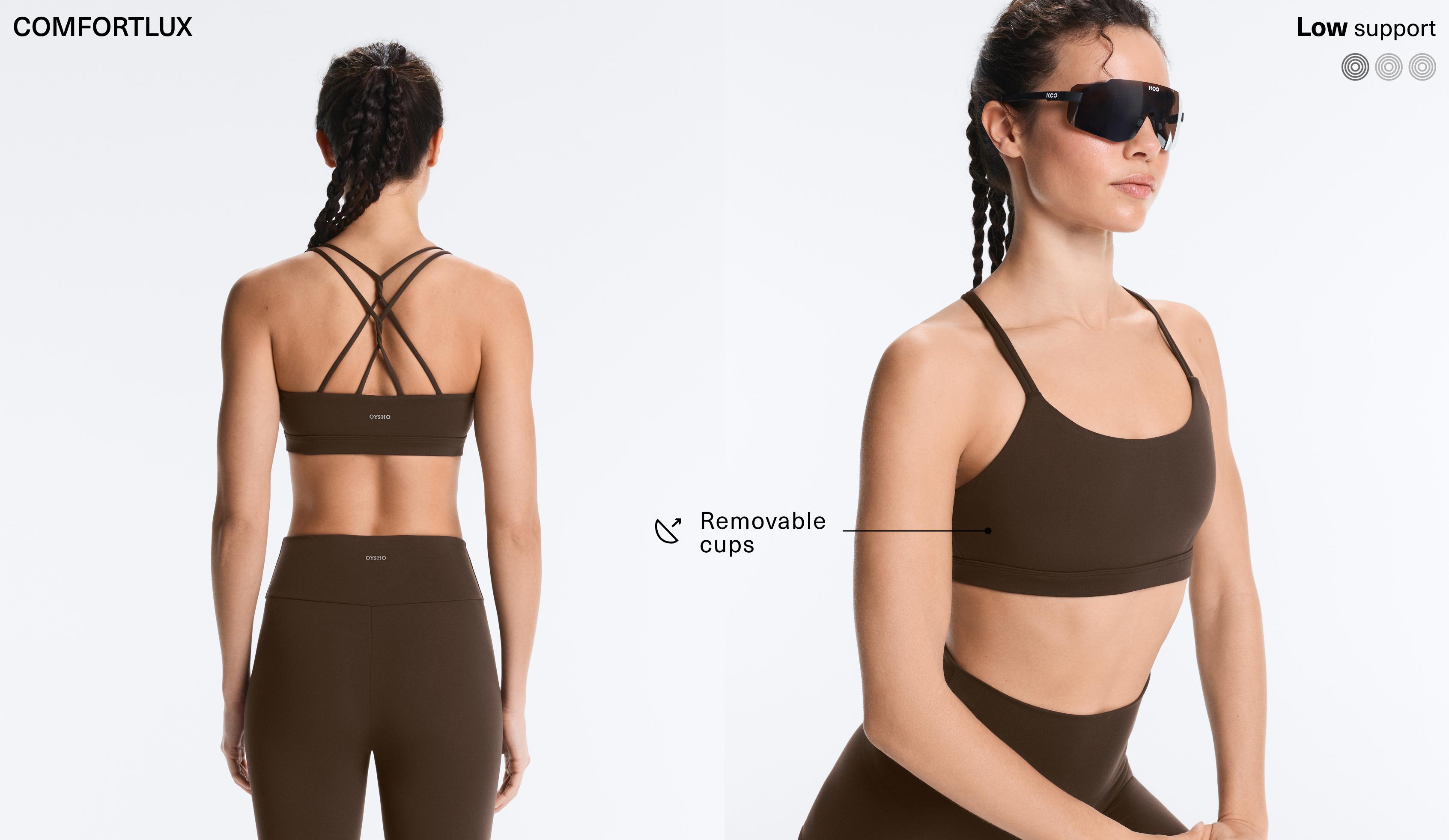 Comfortlux low-support crossover strap sports bra — DARK BROWN